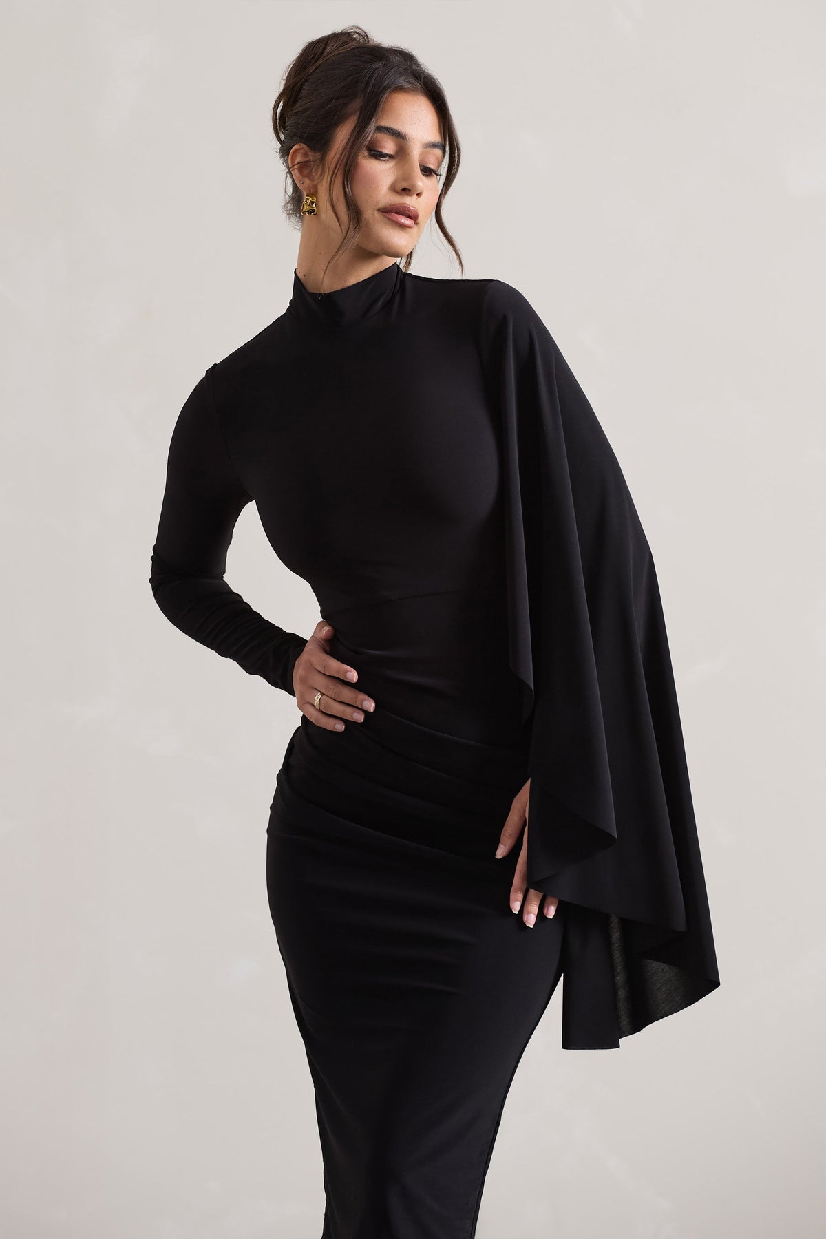 Tamika | Black High-Neck Cape-Sleeve Midi Dress With Feathers