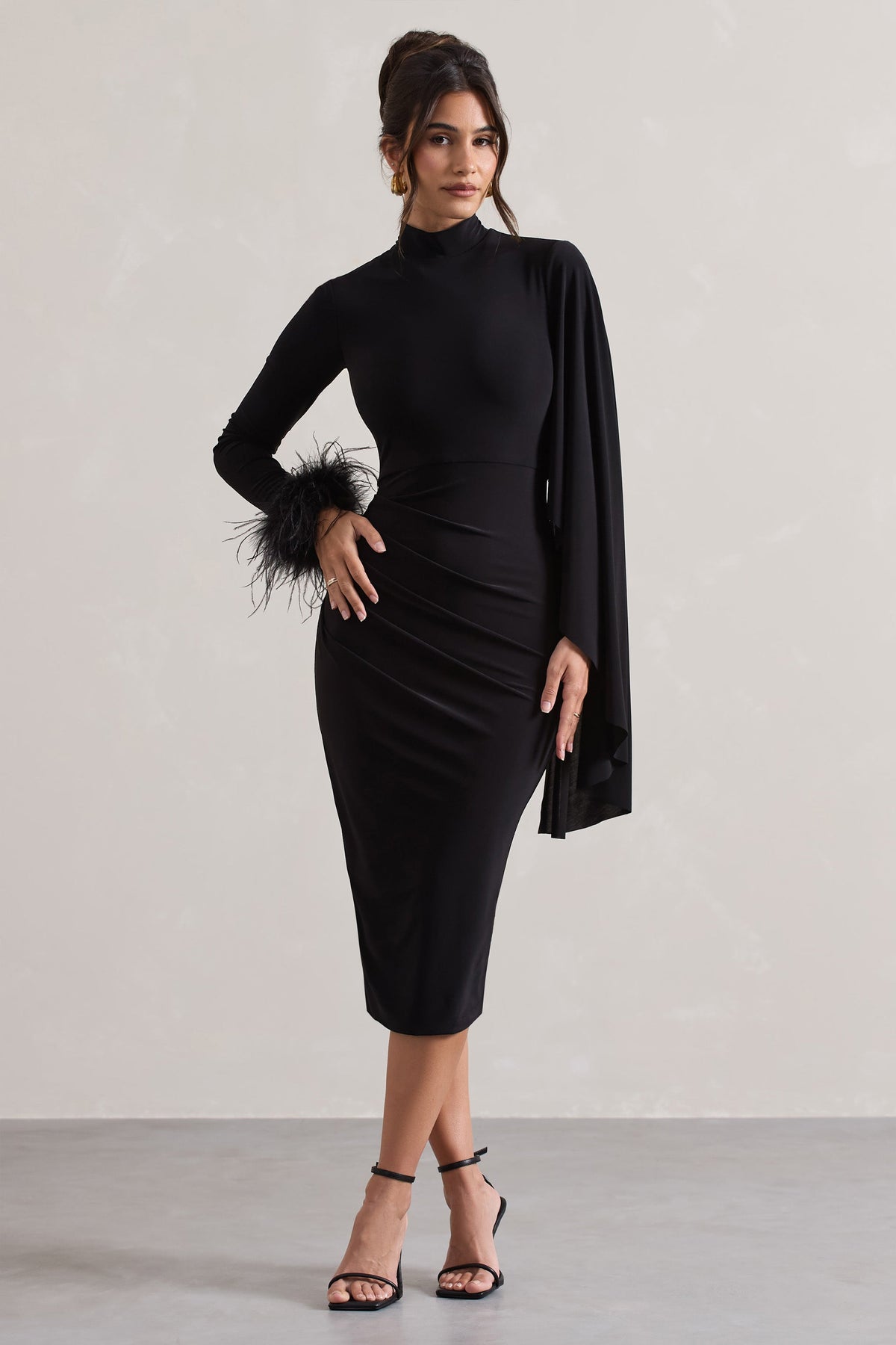 Tamika | Black High-Neck Cape-Sleeve Midi Dress With Feathers