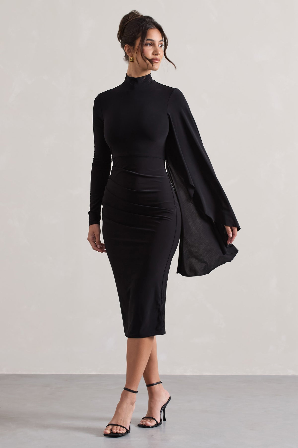 Tamika | Black High-Neck Cape-Sleeve Midi Dress With Feathers