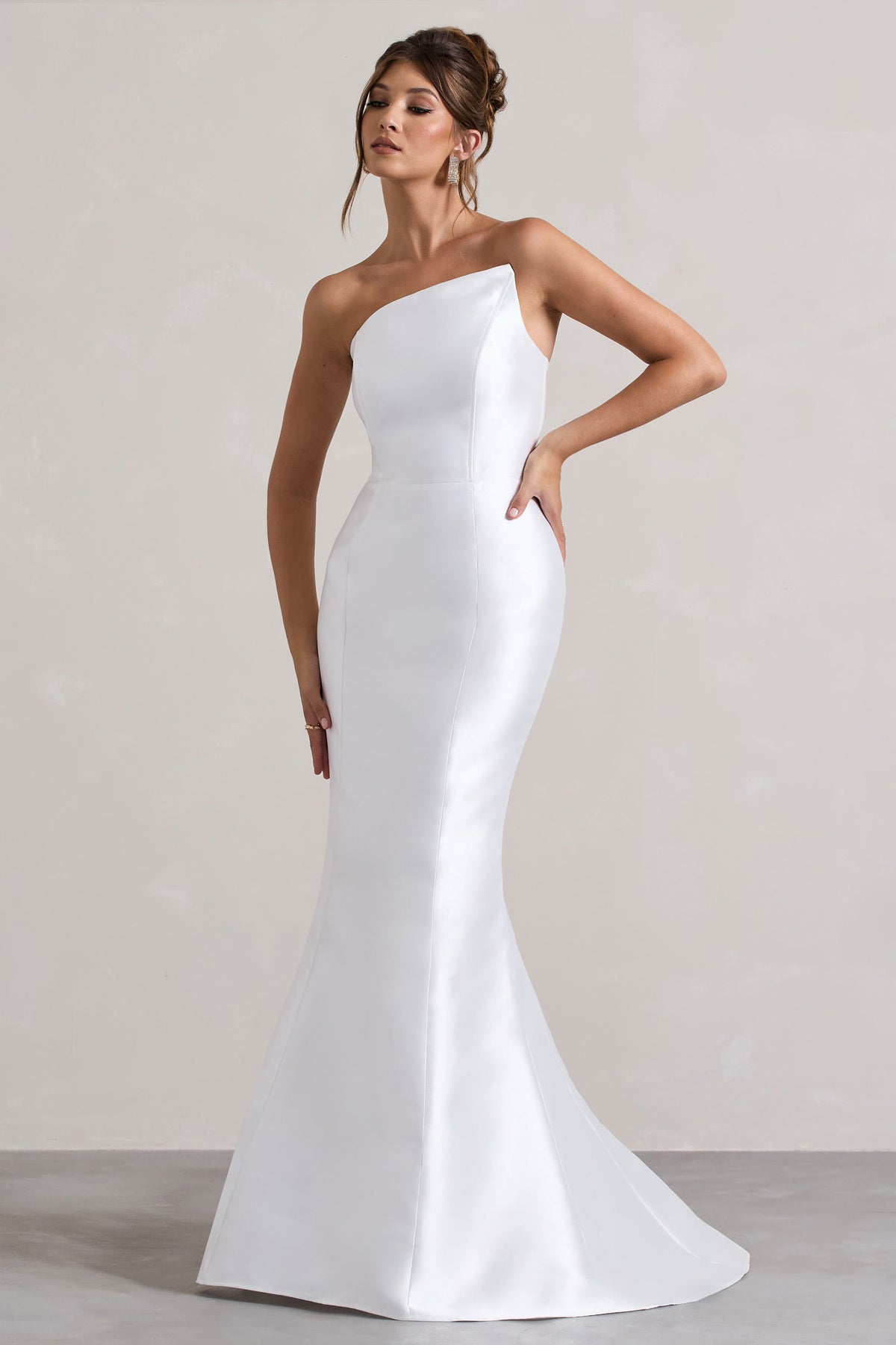 Define | White Satin Asymmetric Fishtail Maxi Dress