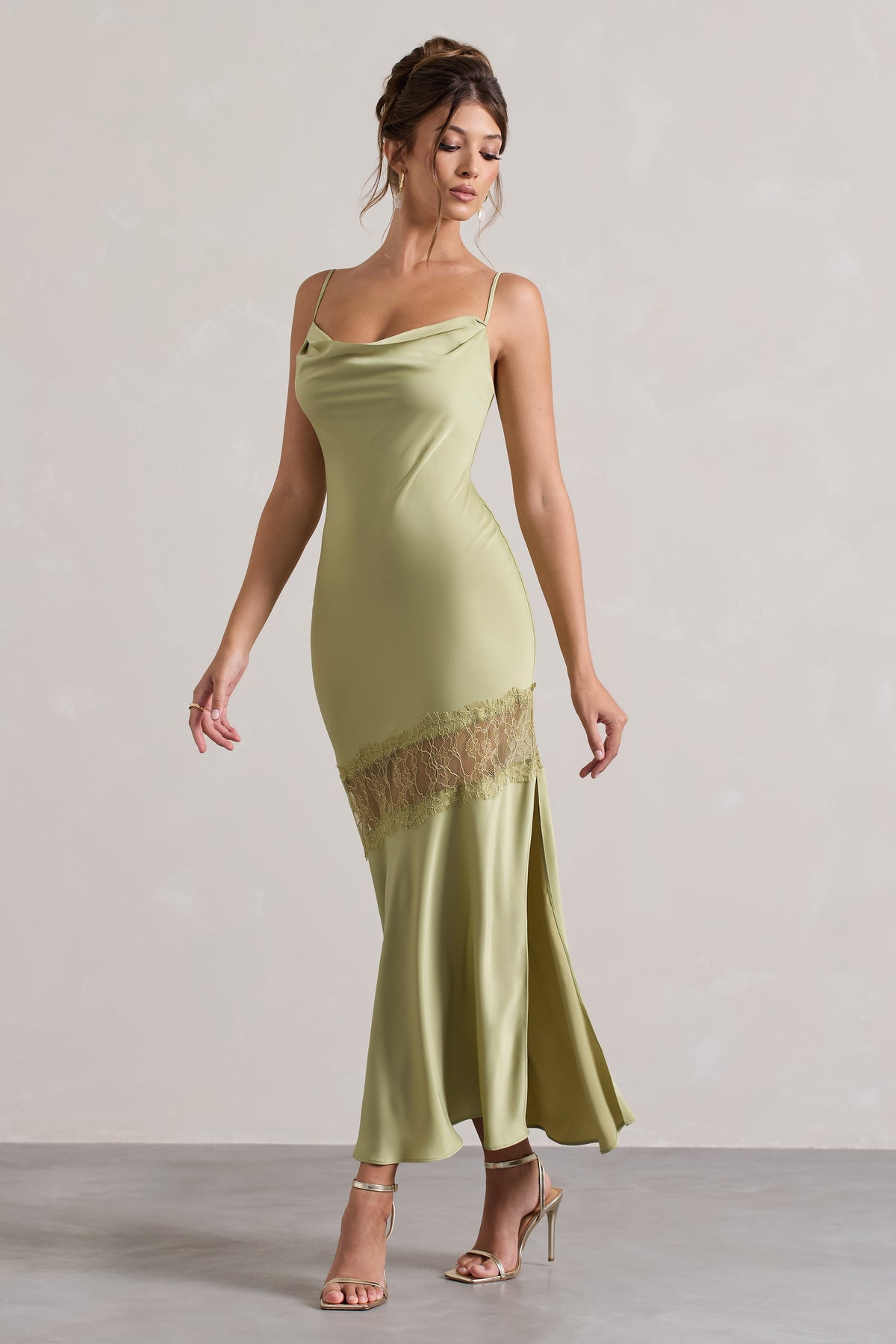 Matera | Light Olive Satin Cowl-Neck Lace Trim Maxi Dress