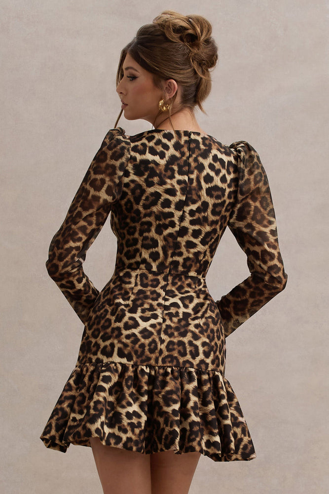 Ombra Leopard Print Square Neck Long Sleeve Mini Dress With Ruffle H Club L London CA