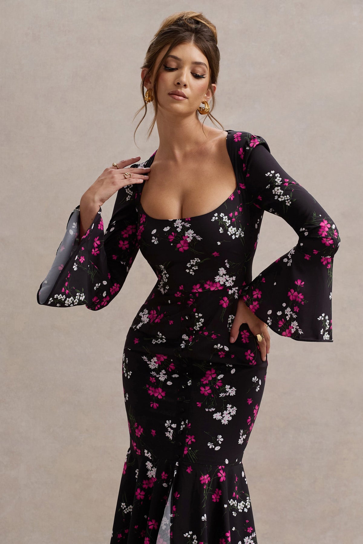 Catalonia | Black Ditsy Floral Print Chiffon Long-Sleeve Split Maxi Dress