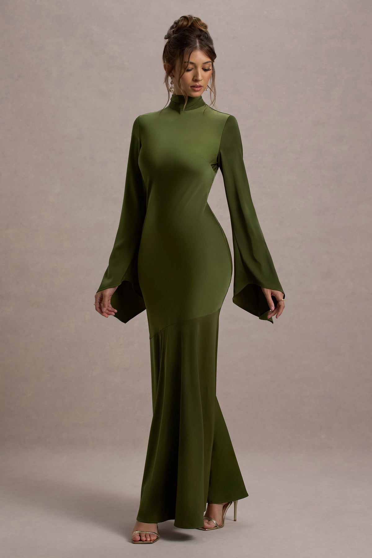 Veena | Olive Green Satin High-Neck Maxi Dress