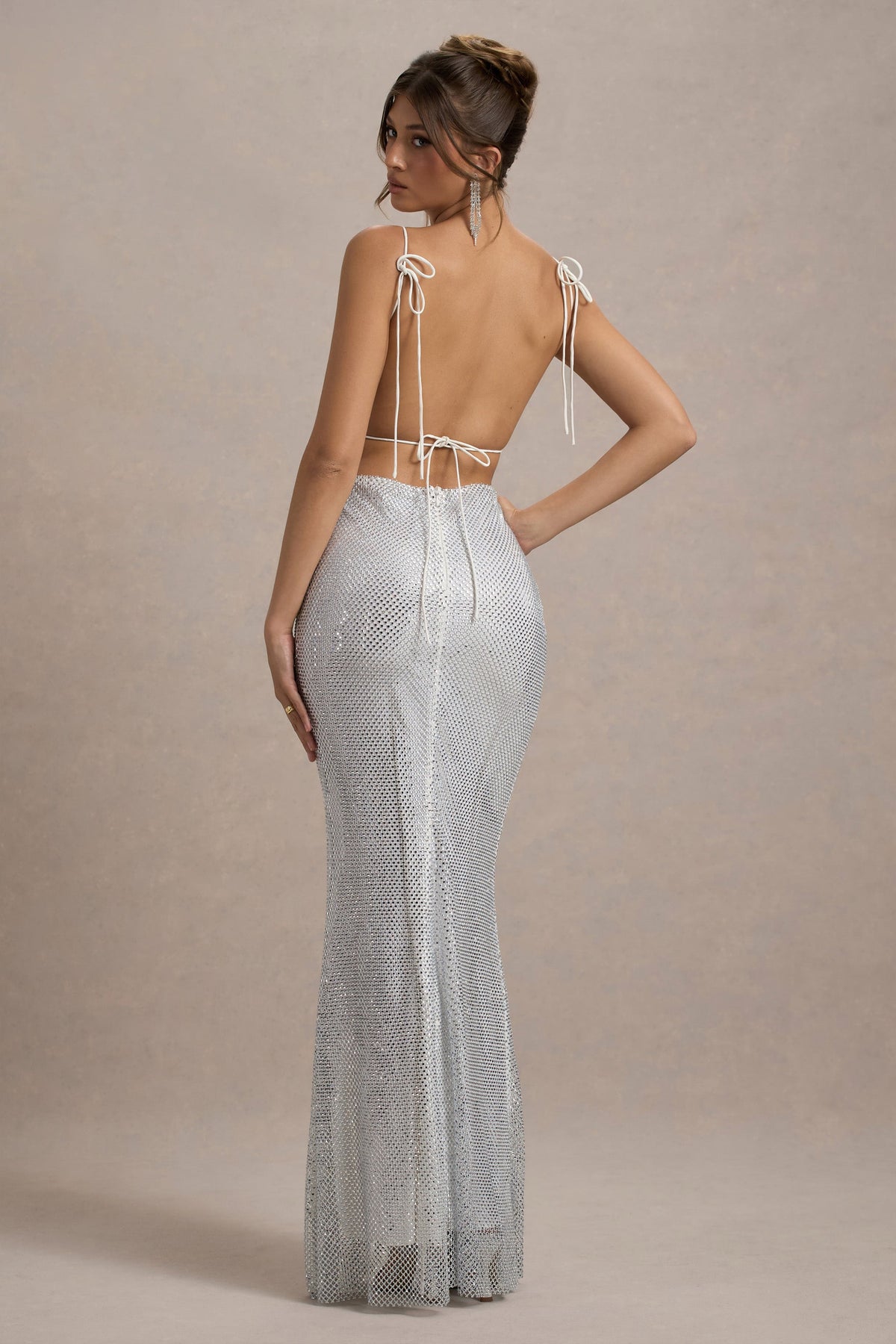 Quartz | Silver Embellished Square-Neck Open-Back Maxi Dress US 10 / SILVER Quartz | Silver Embellished Square-Neck Open-Back Maxi Dress US 10 / SILVER