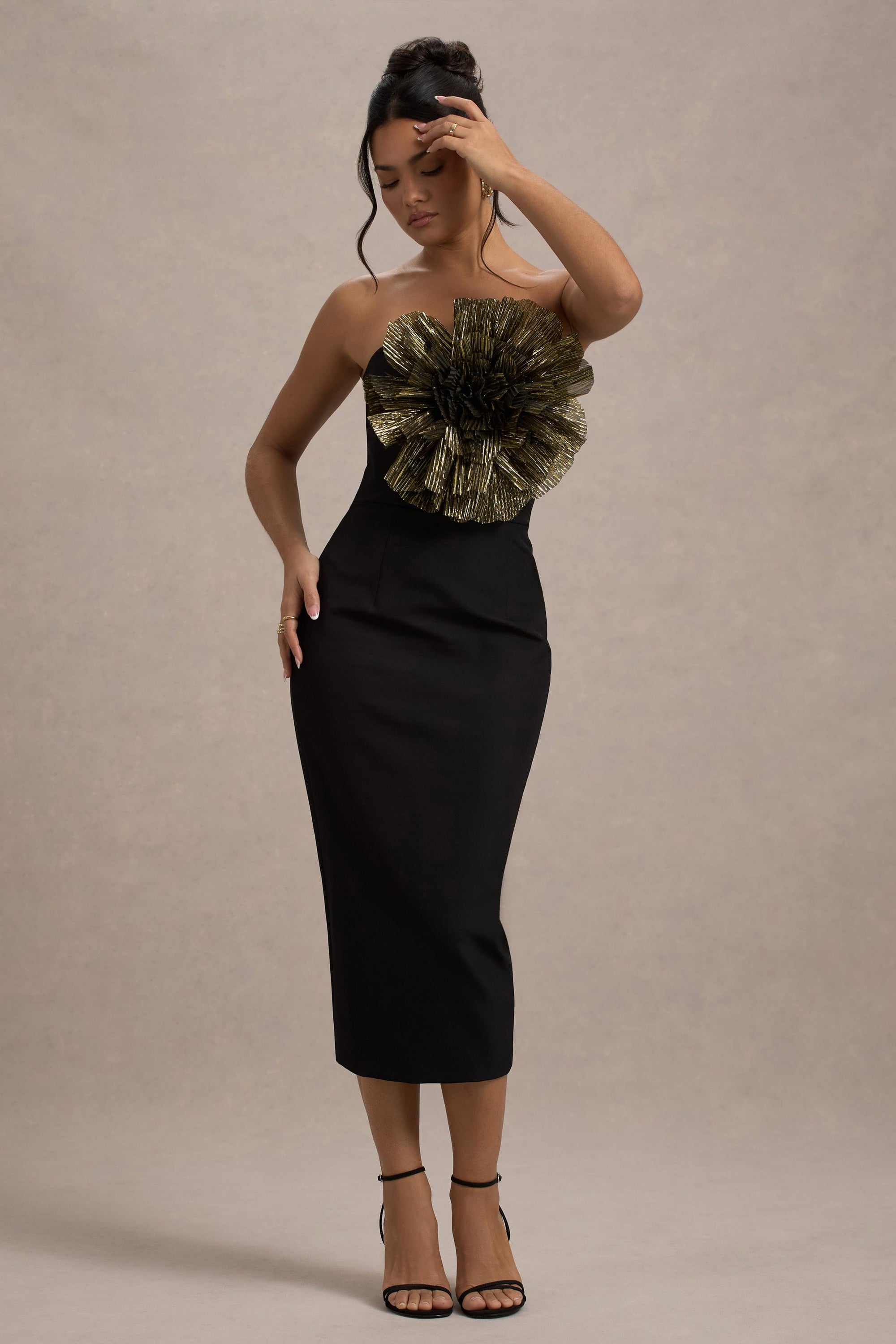 Moya | Black & Gold Bodycon Midi Dress With Corsage Detail – Club L London