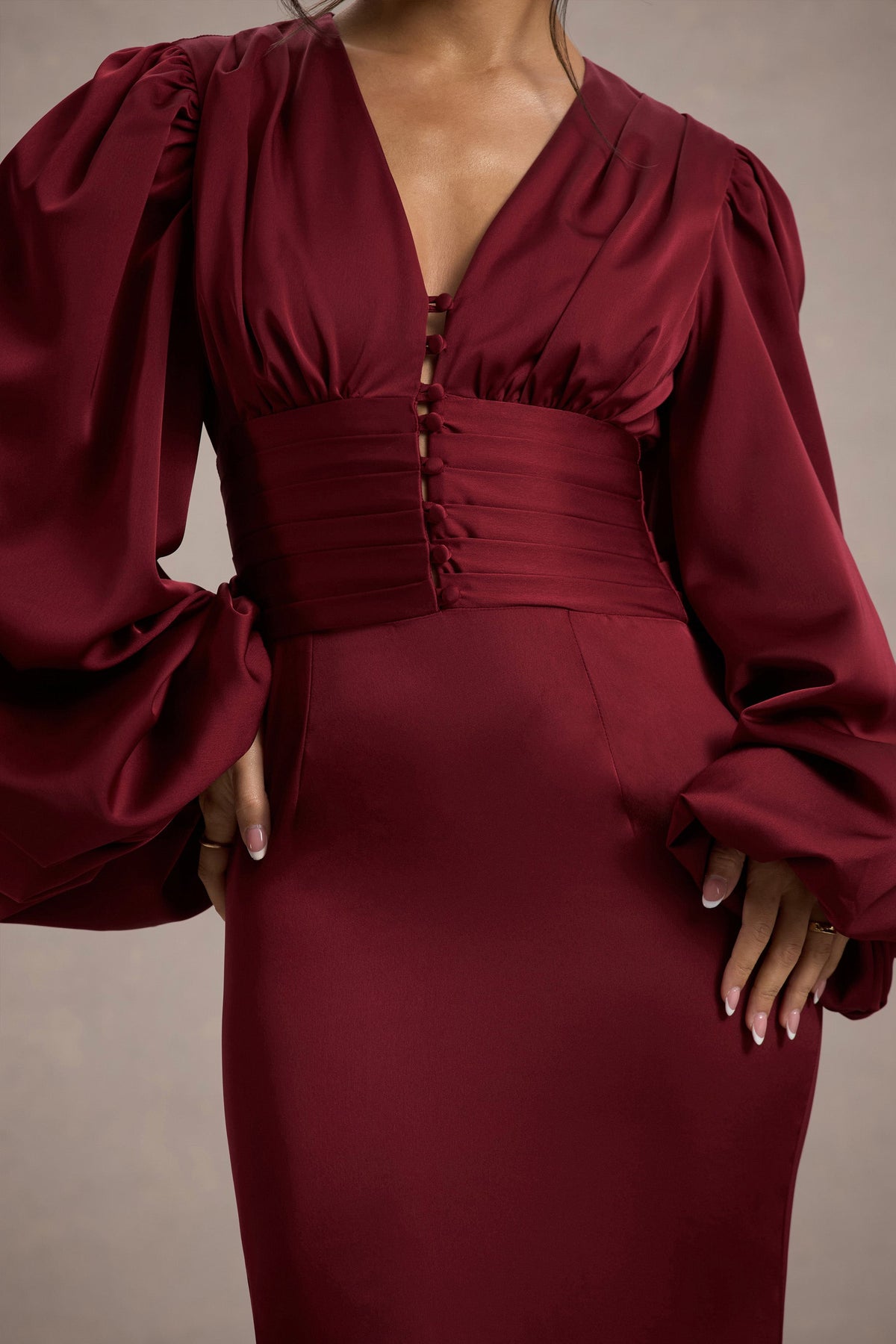 Helsinki | Berry Satin V-Neck Balloon Sleeve Maxi Dress