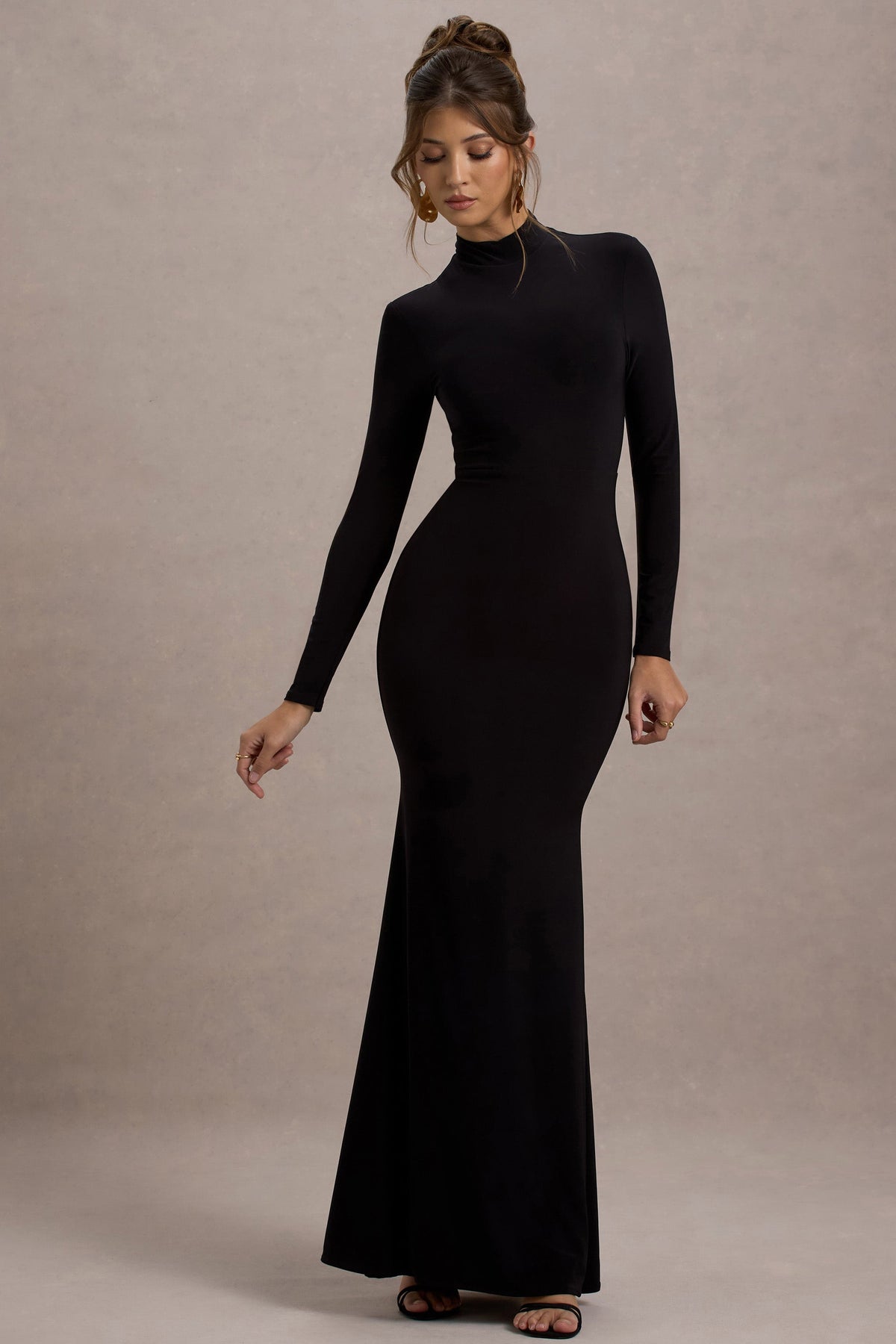 Tova Black High-Neck Long-Sleeve Maxi Dress Club L London - CA Tova Black High-Neck Long-Sleeve Maxi Dress Club L London - CA