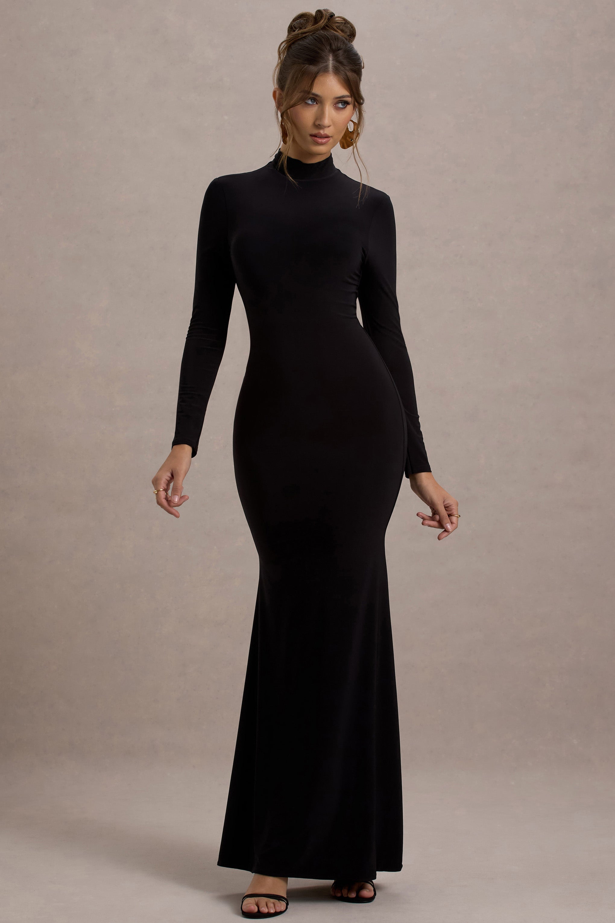 Tova | Black High-Neck Long-Sleeve Maxi Dress – Club L London - CA