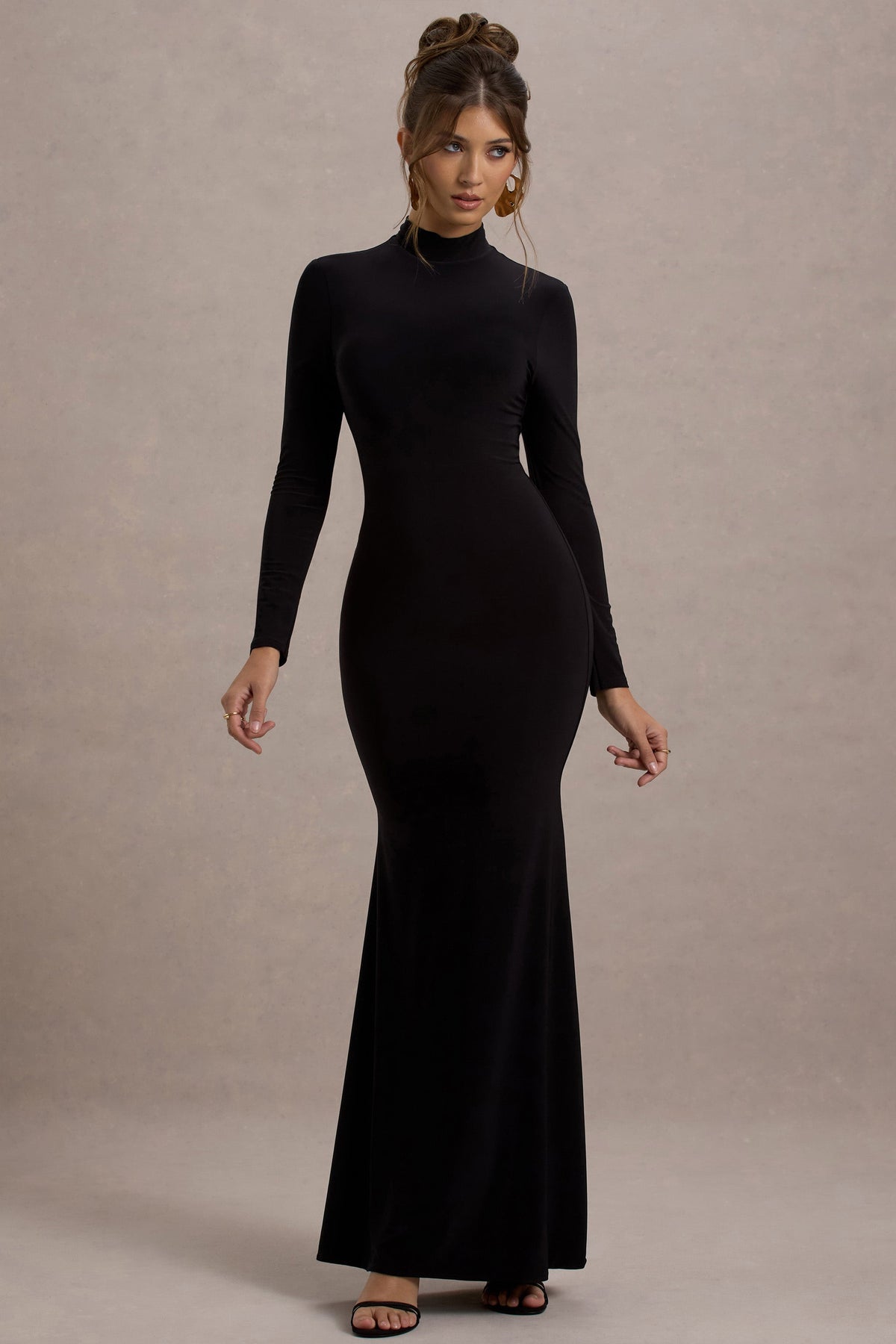 Tova Black High-Neck Long-Sleeve Maxi Dress Club L London - CA Tova Black High-Neck Long-Sleeve Maxi Dress Club L London - CA