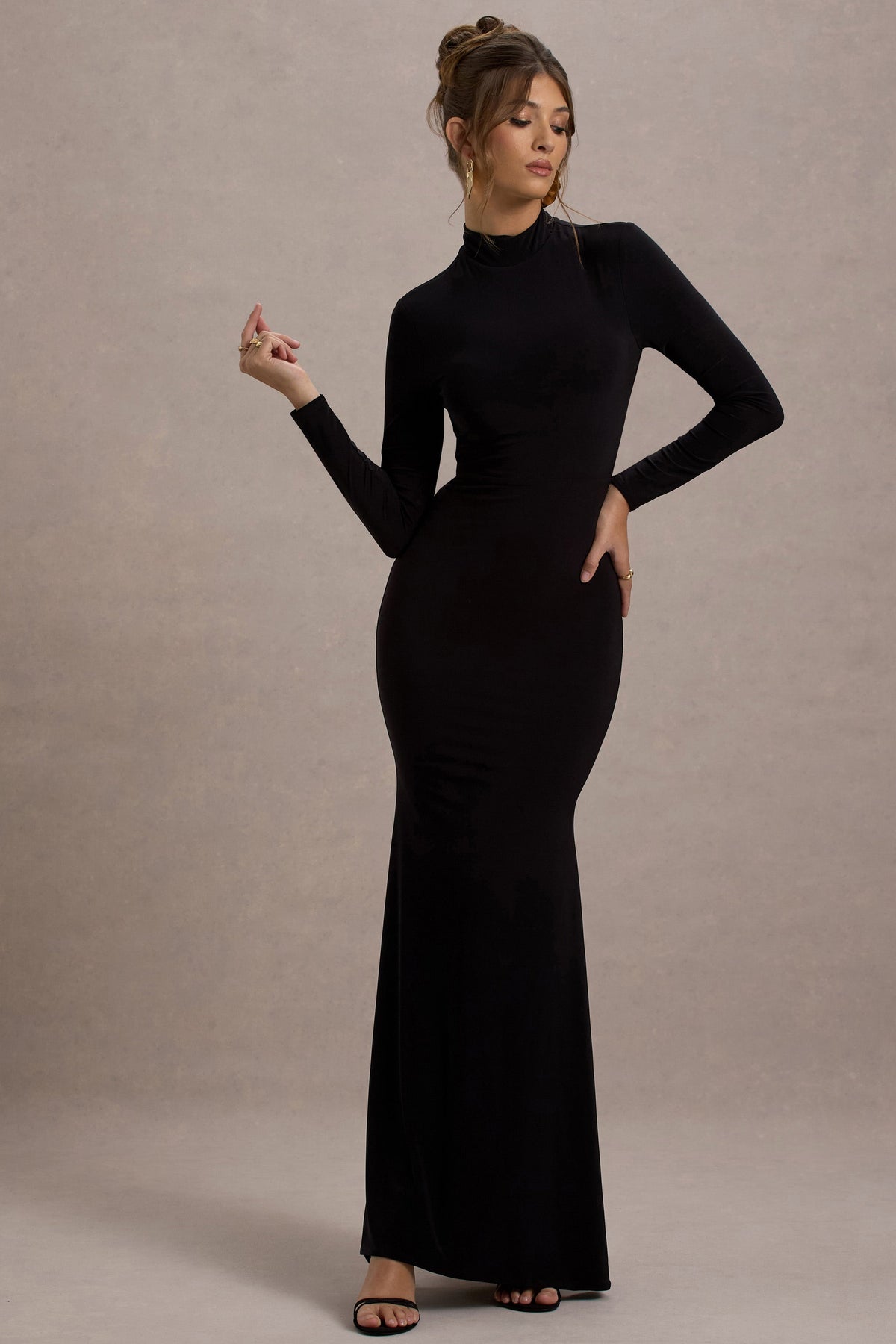 Tova Black High-Neck Long-Sleeve Maxi Dress – Club L London