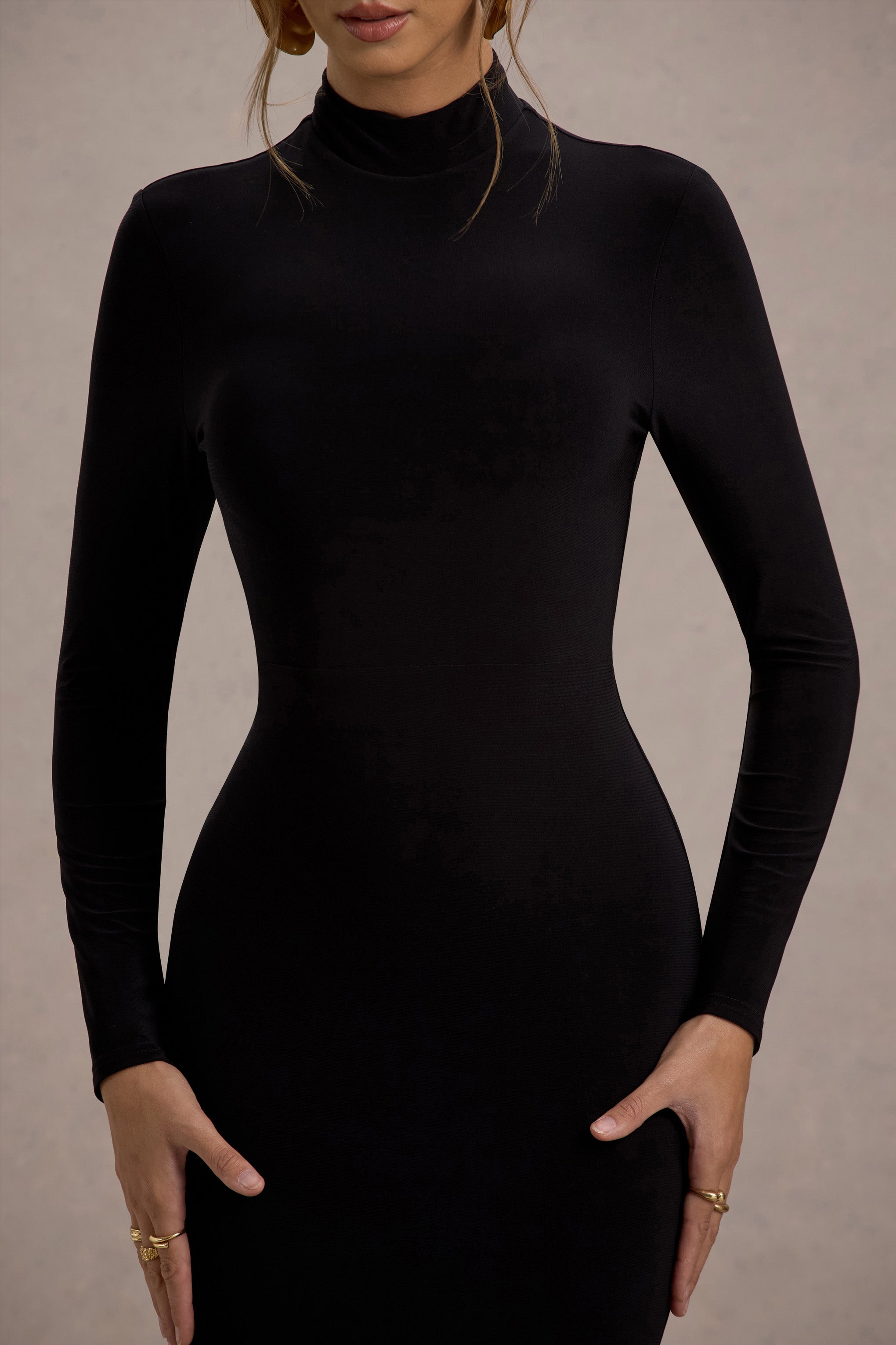 Tova | Black High-Neck Long-Sleeve Maxi Dress – Club L London - CA