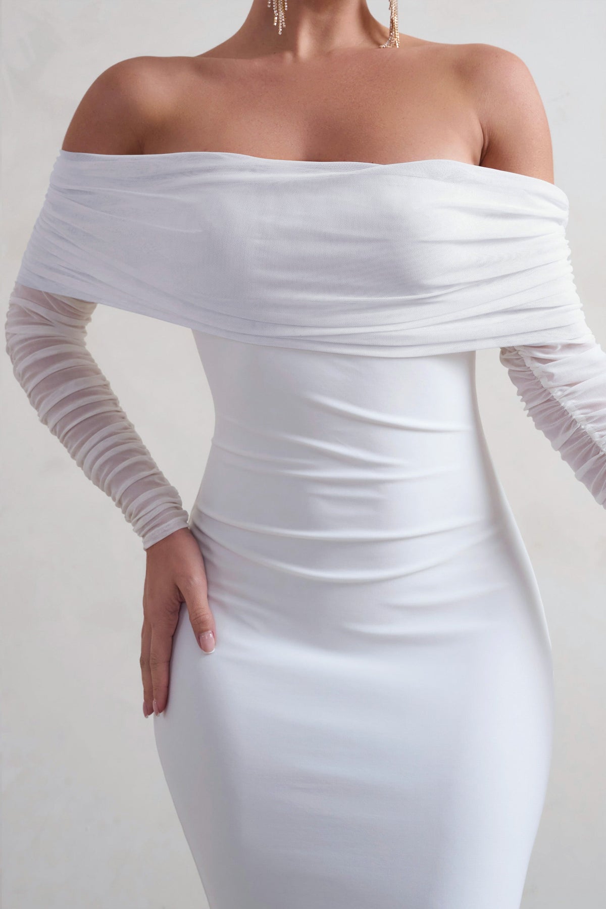 Madeleine | White Fishtail Maxi Dress With Bardot Mesh Long Sleeves