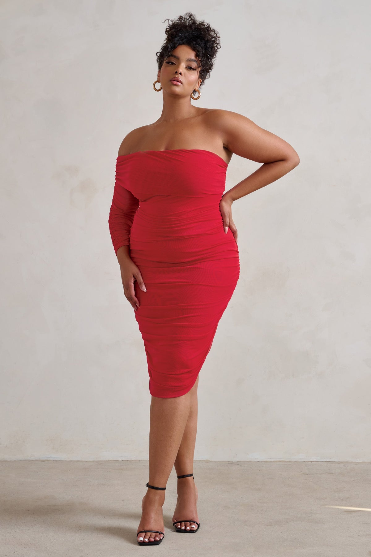 Bijou | Red Asymmetric Bardot Mesh Ruched Midi Dress