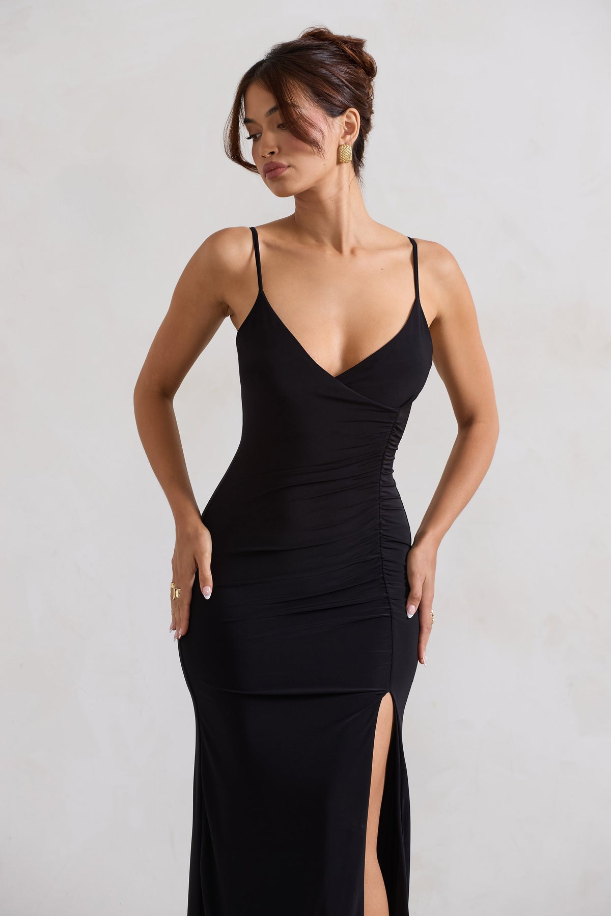 Jeanne | Black Plunge Ruched Cami Maxi Dress With Split