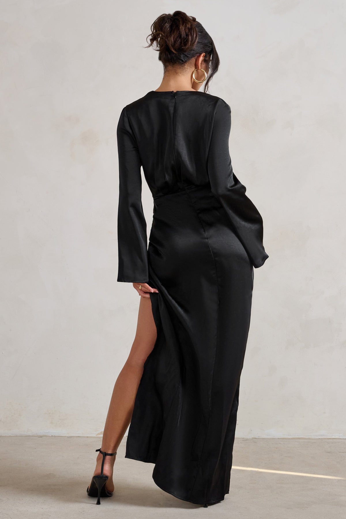 Patricia | Black Extreme Plunge Long Sleeve Maxi Dress With Tie Detail