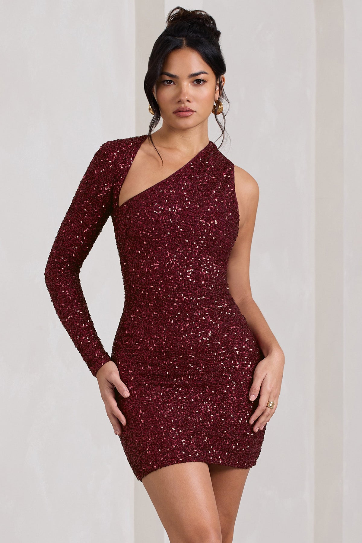 Siren | Burgundy Sequin One Shoulder Bodycon Mini Dress