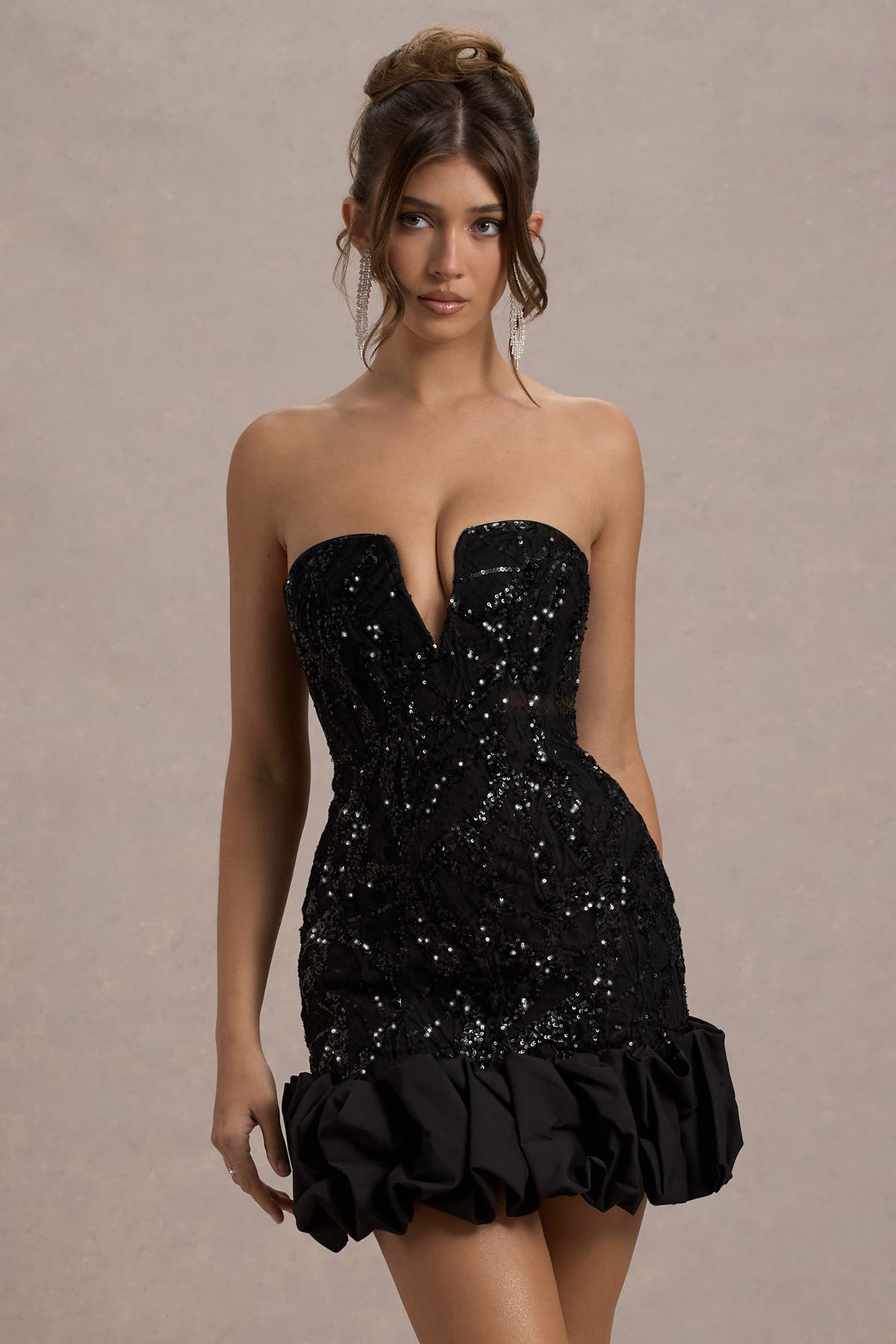 Nadia | Black Sequin Strapless Mini Dress With Ruffle Trim