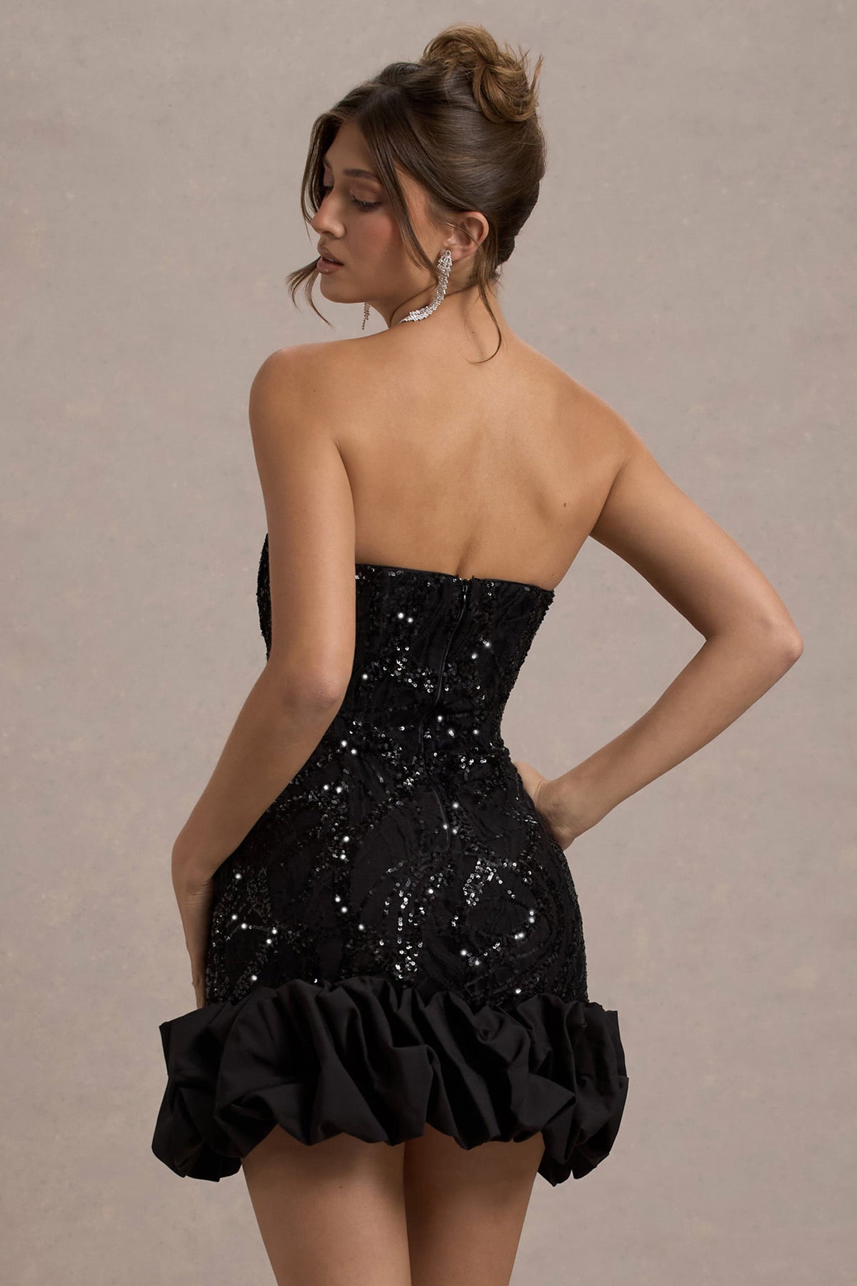 Nadia | Black Sequin Strapless Mini Dress With Ruffle Trim