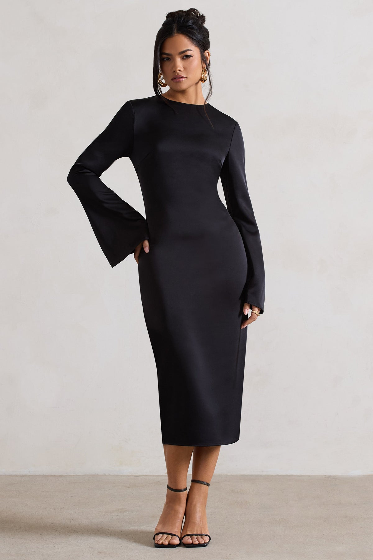 Zaina | Black Long Sleeve Midi Dress with High Neckline