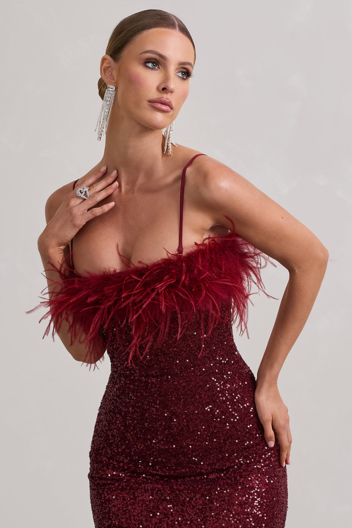 In Your Head | Plum Sequin Strappy Midi Dress With Feathers