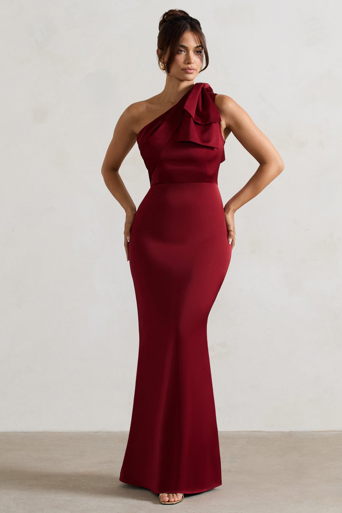 Lady | Berry Satin One Shoulder Maxi Dress With Bow