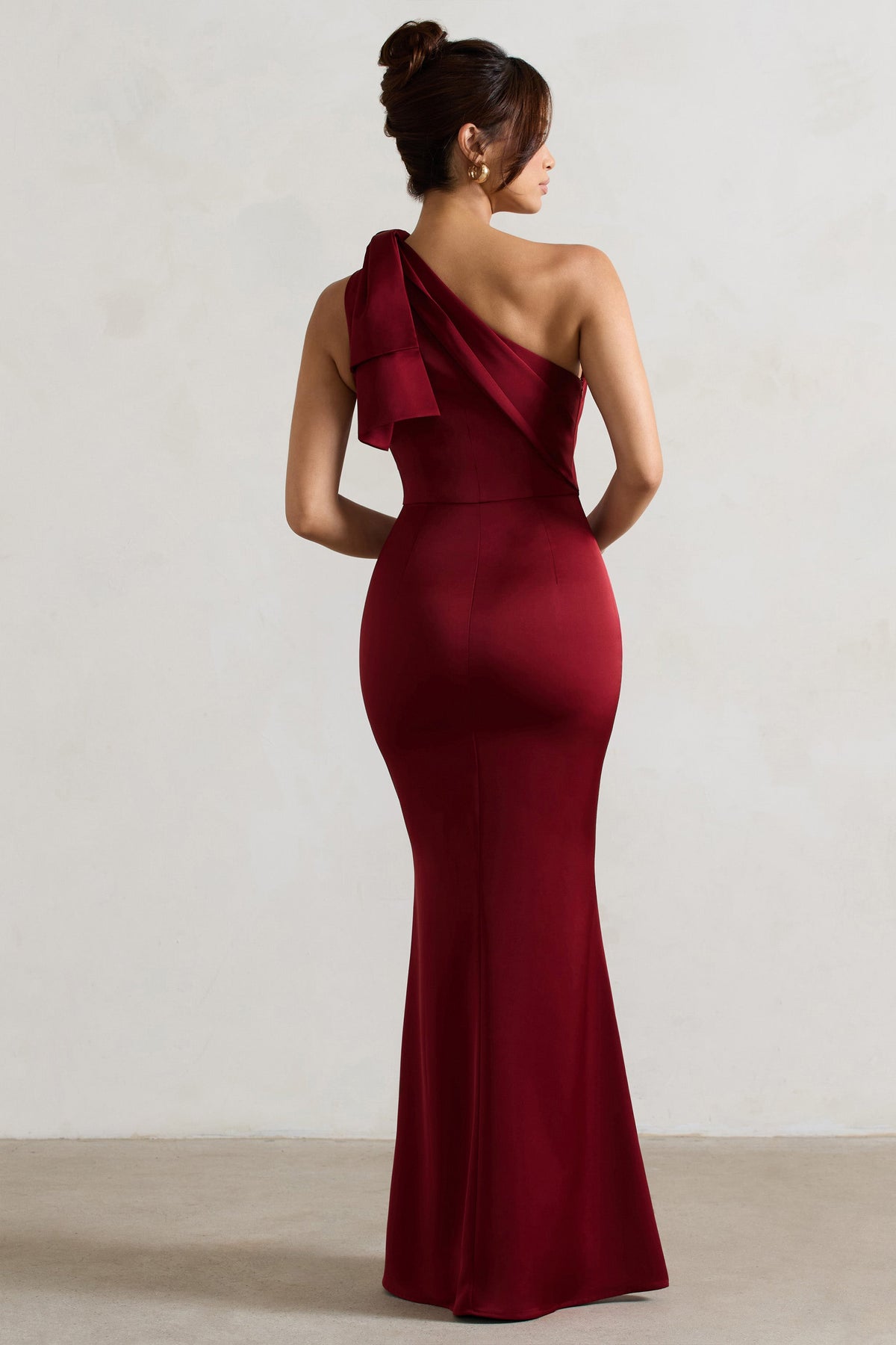 Lady | Berry Satin One Shoulder Maxi Dress With Bow