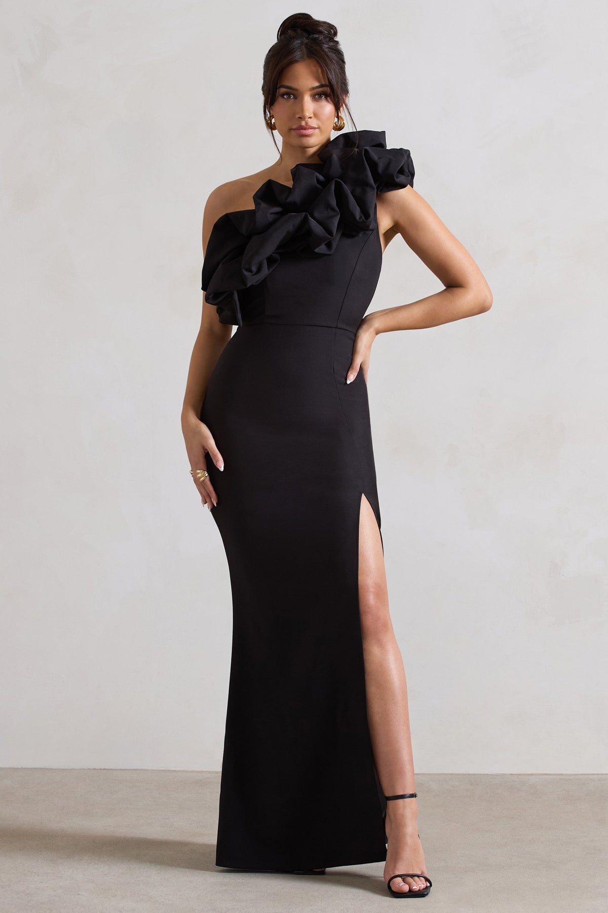 Vienne | Black One Shoulder Ruffle Split Maxi Dress