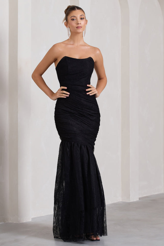 Encapsulate Black Lace Ruched Strapless Fishtail Maxi Dress Club L London CA