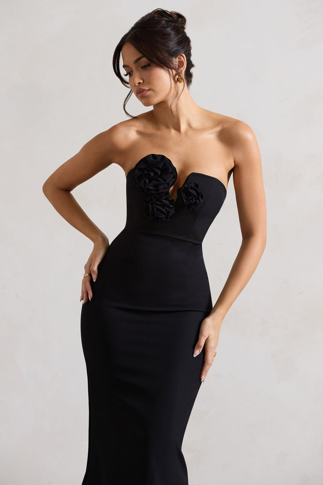 black strapless formal dress Taylor Tube Maxi Dress, in Luxe Satin, Size: Medium | Show Me Your Mumu designed to make a statement at any occasion Black Strapless Long Evening Dress