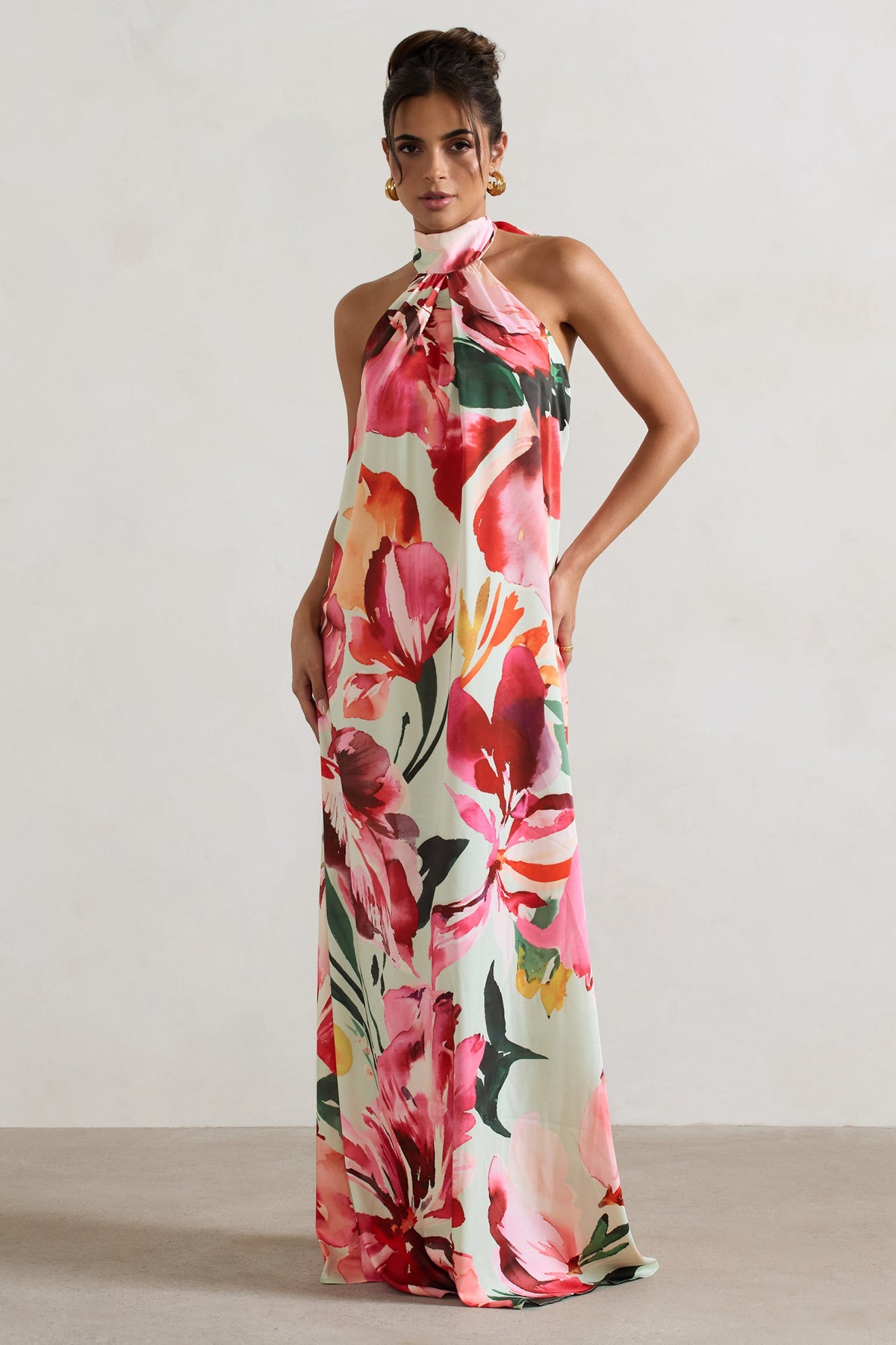 Gloriana Mint Floral Print Satin High Neck Maxi Dress US 10 PINK FLORAL PRINT