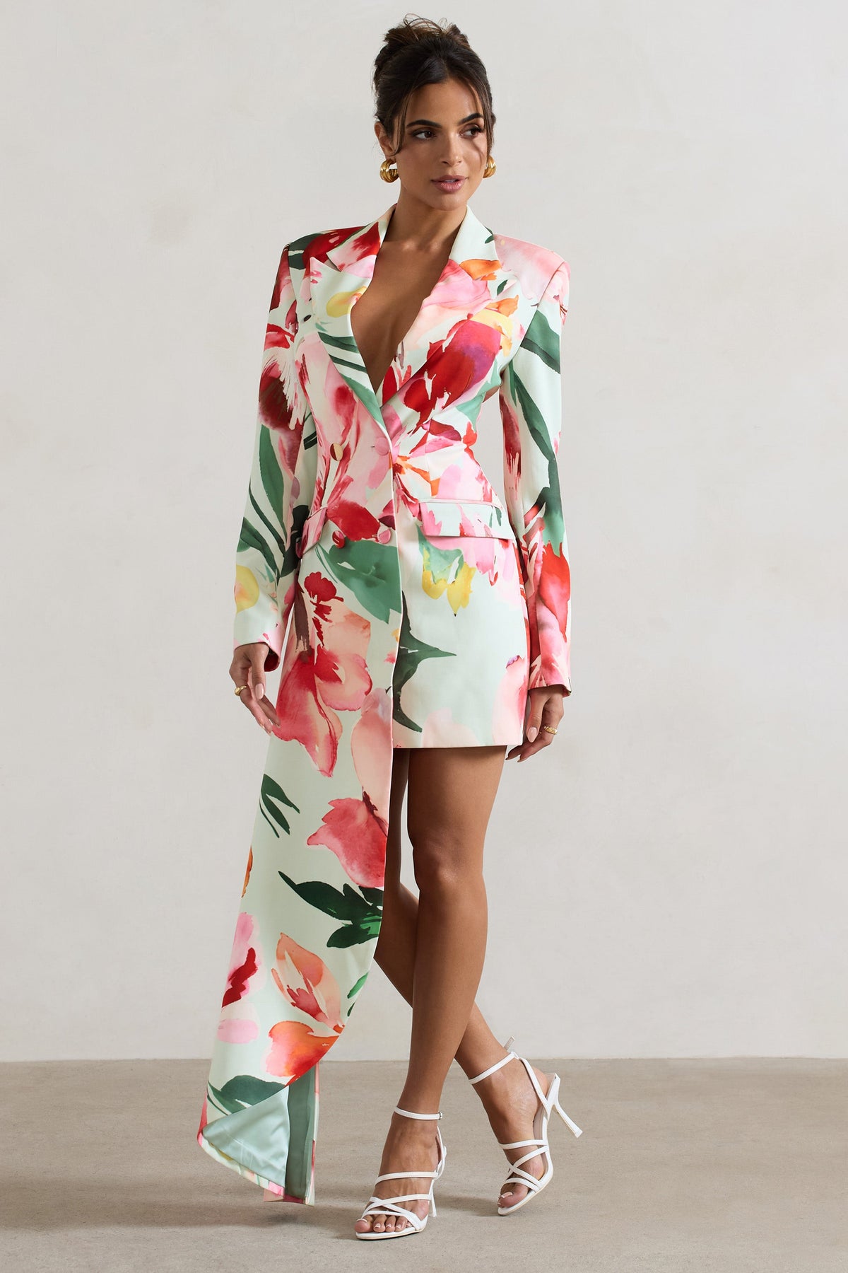 Spiral Mint Floral Tailored Blazer Mini Dress With Asymmetric Hem US 8 PINK FLORAL PRINT