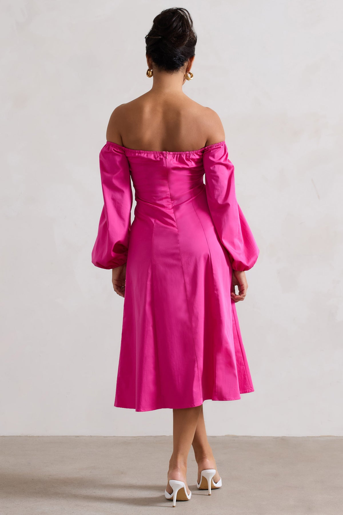 Santino Hot Pink Twisted Bardot Puff-Sleeve Midi Dress Club L London - CA Santino Hot Pink Twisted Bardot Puff-Sleeve Midi Dress Club L London - CA