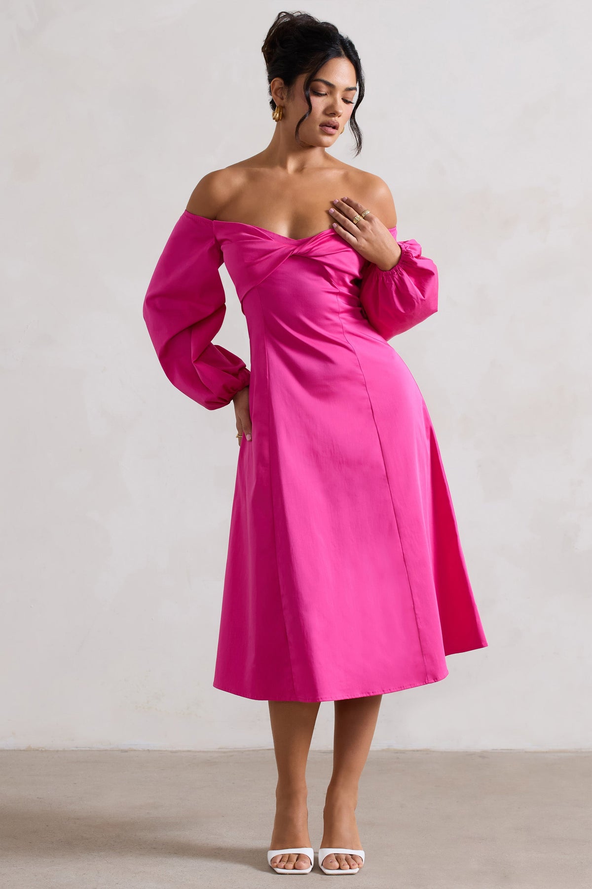 Santino Hot Pink Twisted Bardot Puff-Sleeve Midi Dress – Club L London