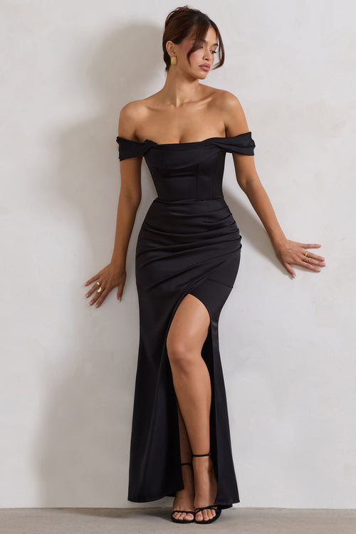 Kimberly | Robe longue Bardot noire en satin