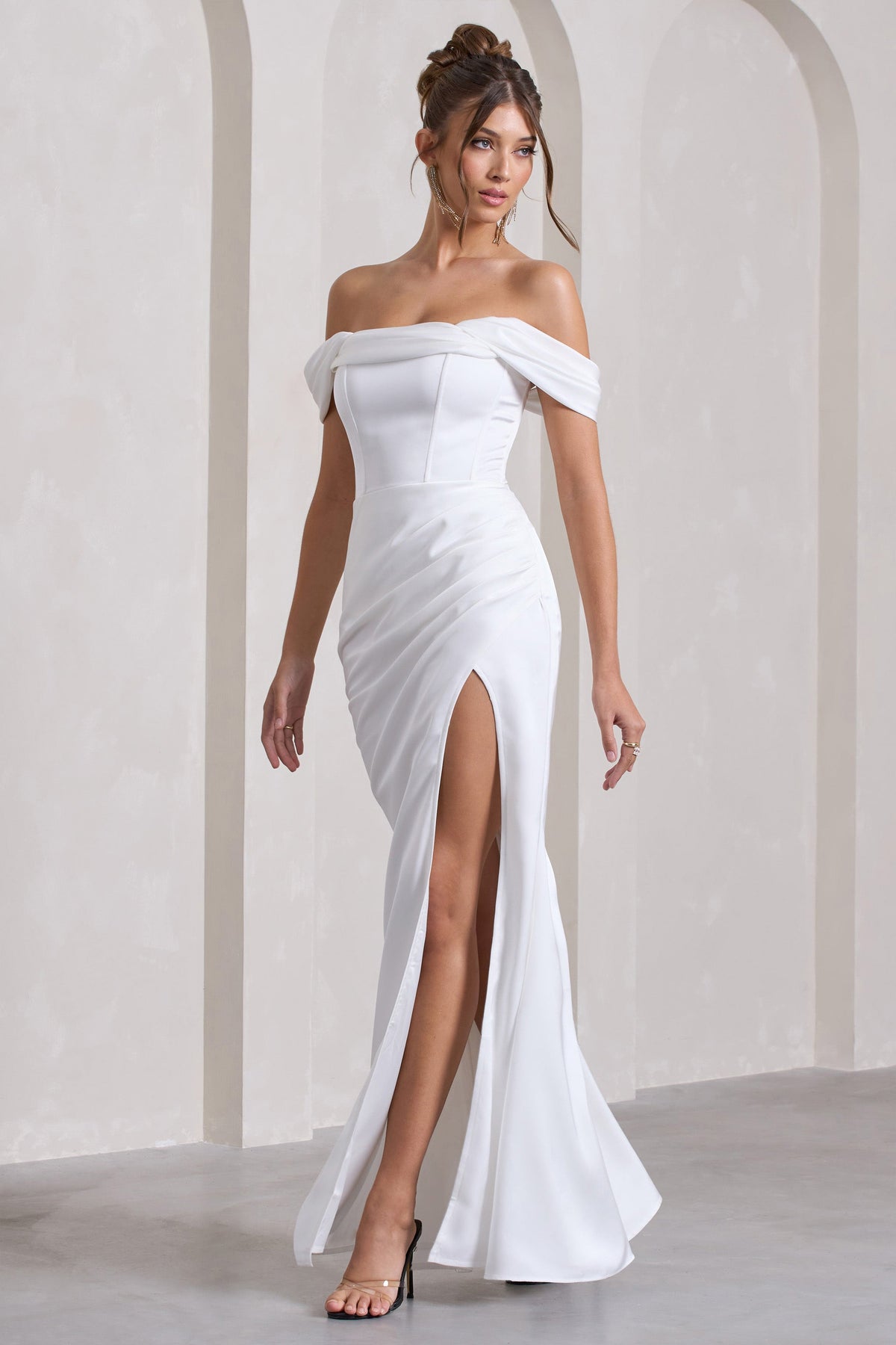 Kimberly | White Bardot  Satin Maxi Dress