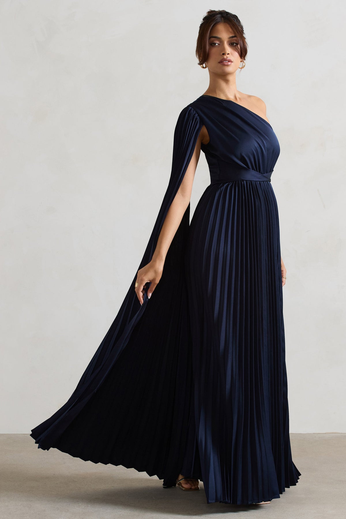 My Vision | Navy Plisse Asymmetric Split Maxi Dress With Cape Sleeve