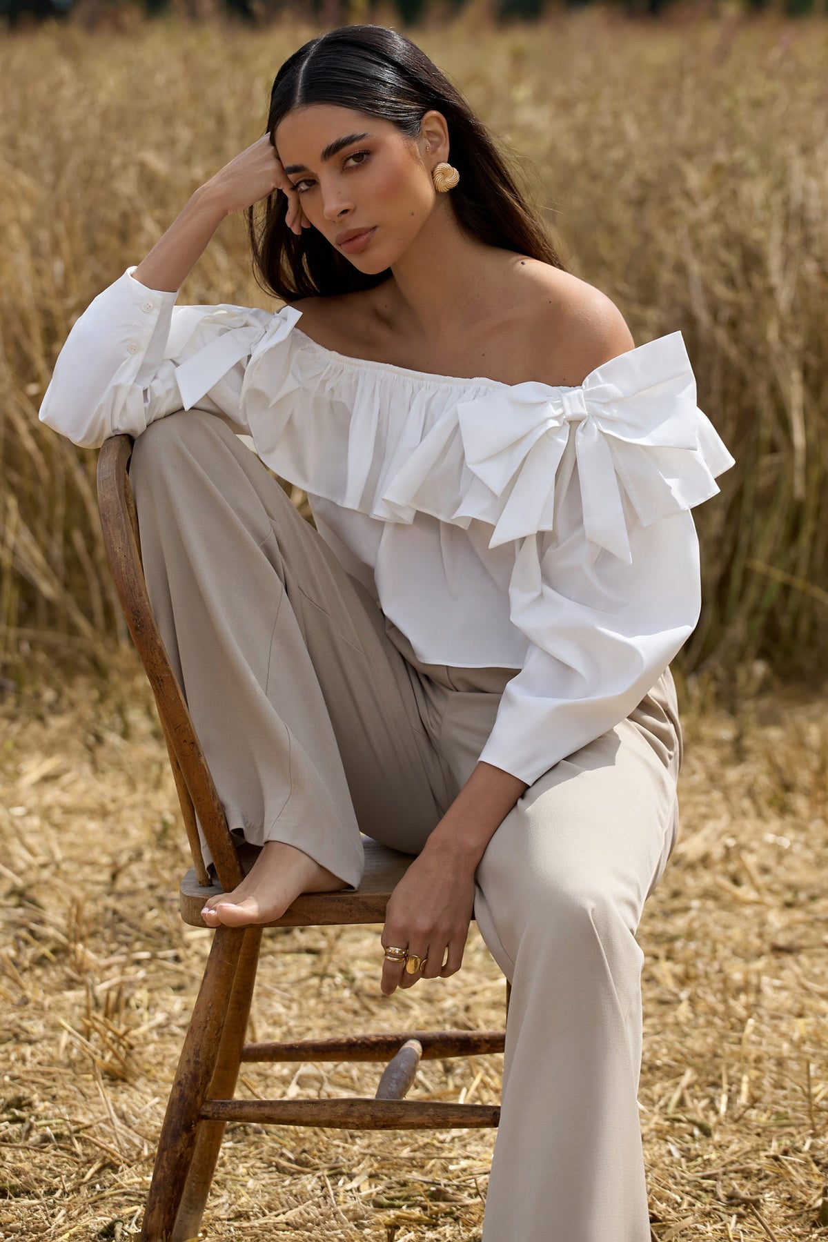 White bardot ruffle top store