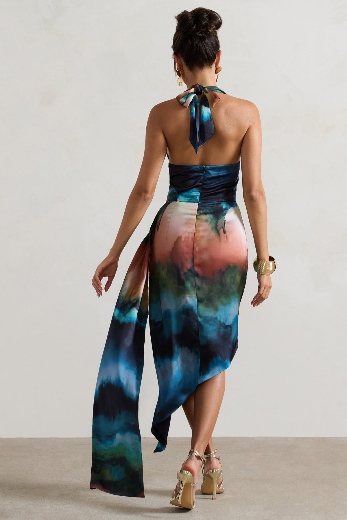 Bali | Blue Blur Print Satin Cowl-Neck Draped Mini Dress