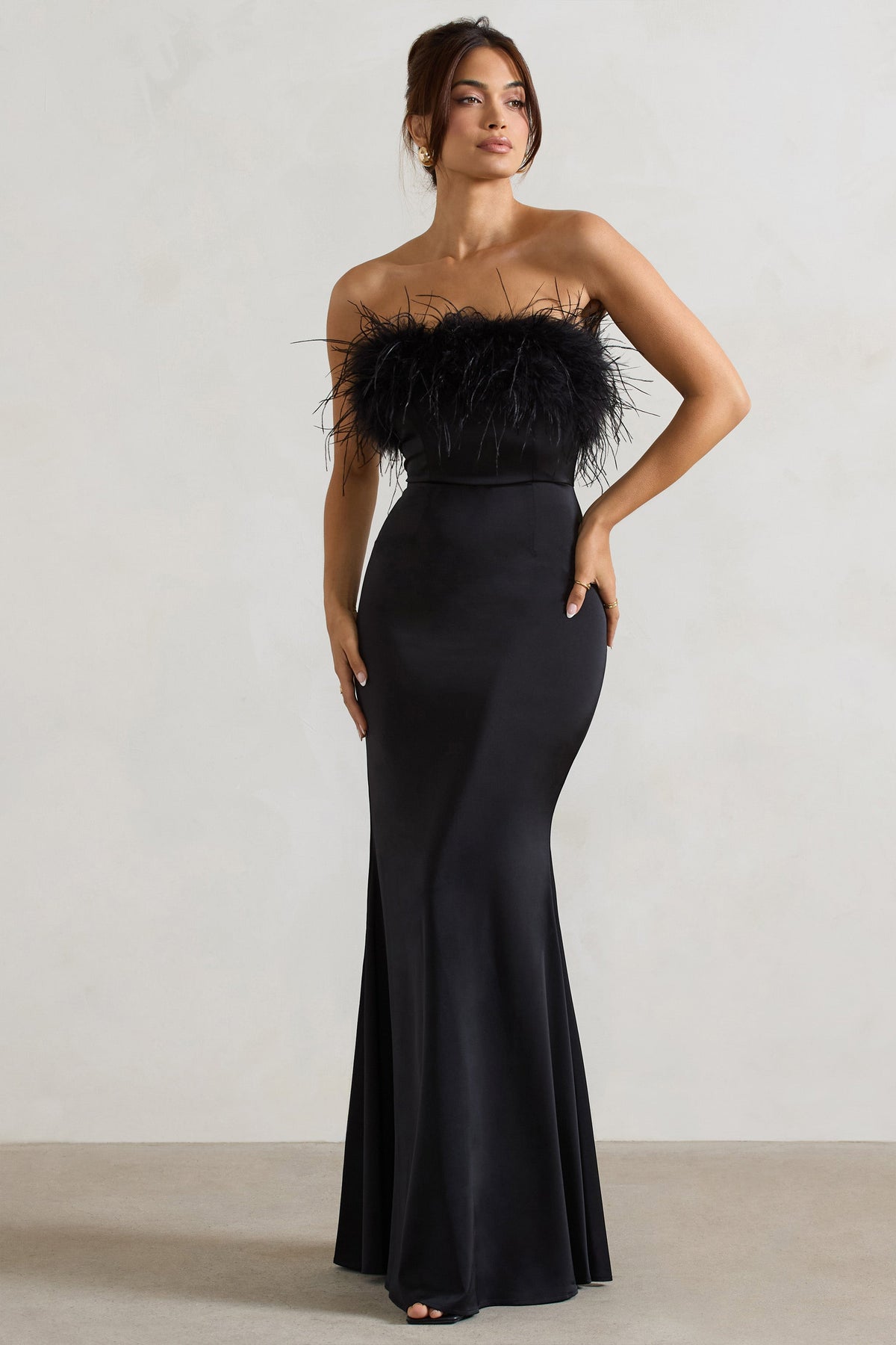 Dress For It Black Satin Feather Trim Bandeau Maxi Dress Club L London - CA Dress For It Black Satin Feather Trim Bandeau Maxi Dress Club L London - CA