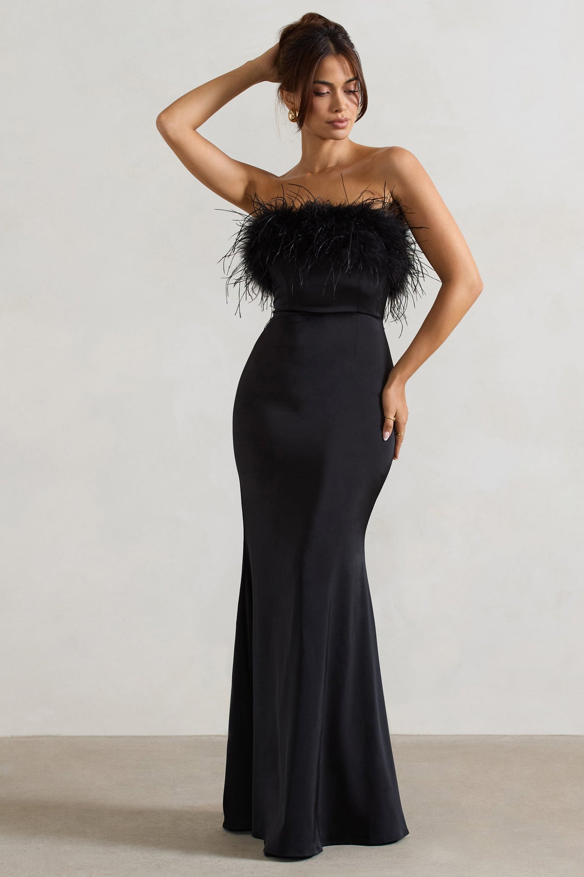 Dress For It Black Satin Feather Trim Bandeau Maxi Dress Club L London - CA Dress For It Black Satin Feather Trim Bandeau Maxi Dress Club L London - CA