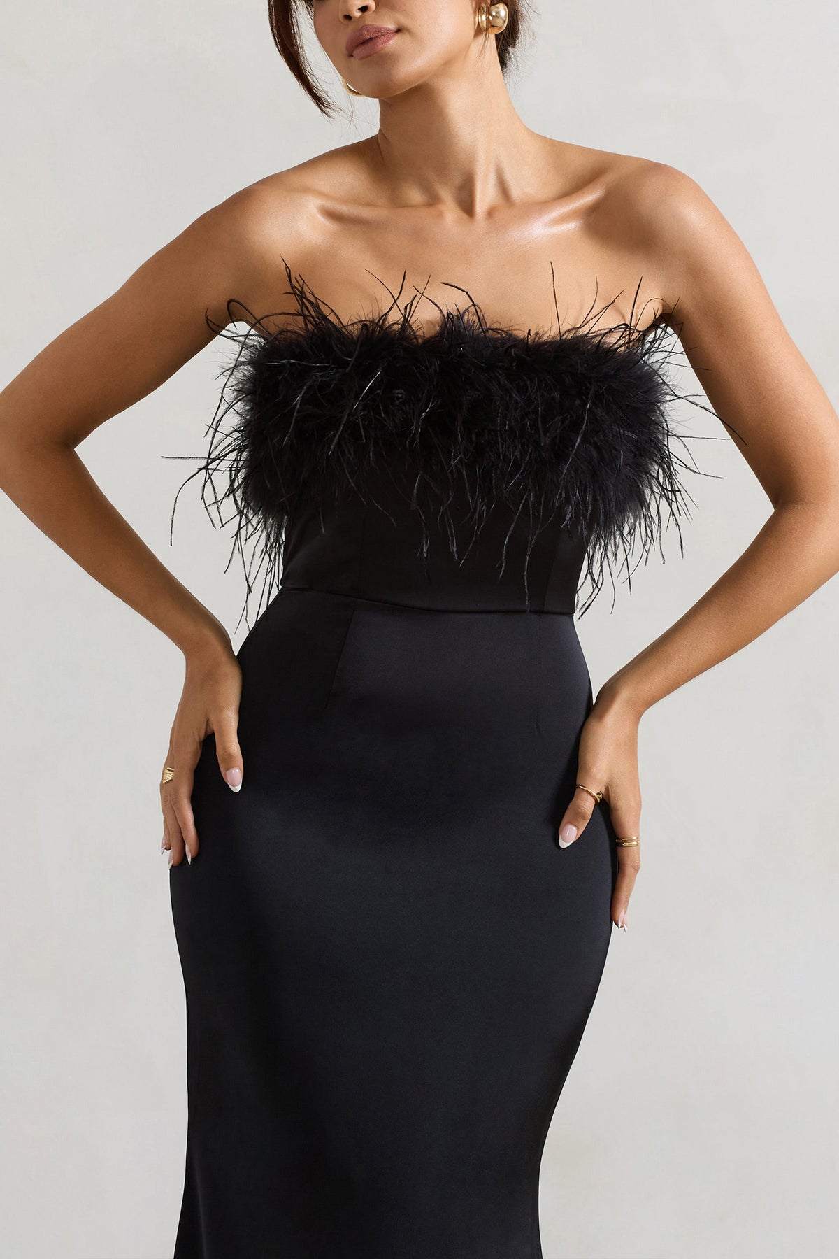 Dress For It Black Satin Feather Trim Bandeau Maxi Dress Club L London - CA Dress For It Black Satin Feather Trim Bandeau Maxi Dress Club L London - CA