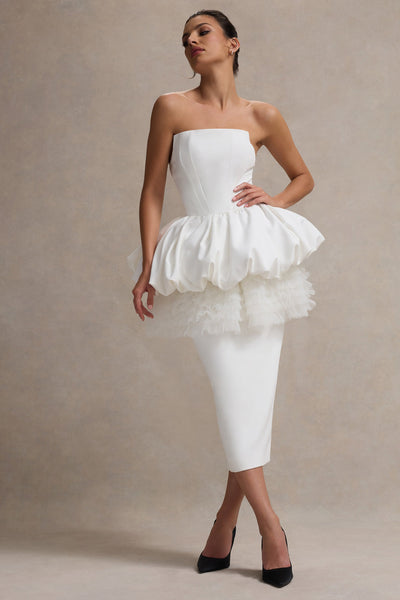 strapless peplum dress white Jones | White Strapless Midi Dress With Tulle Peplum Waist – Club L London
