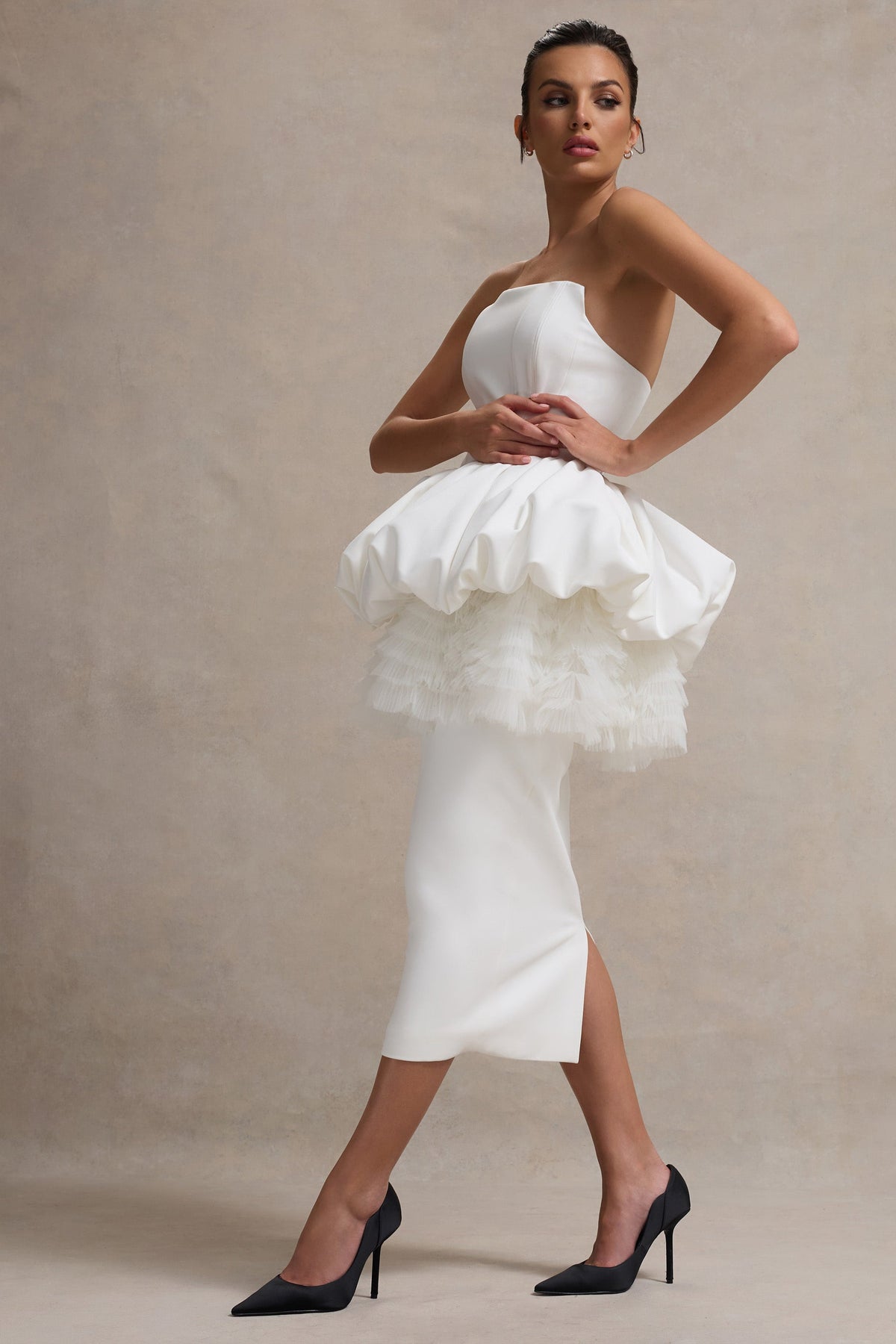 Jones | White Strapless Midi Dress With Tulle Peplum Waist