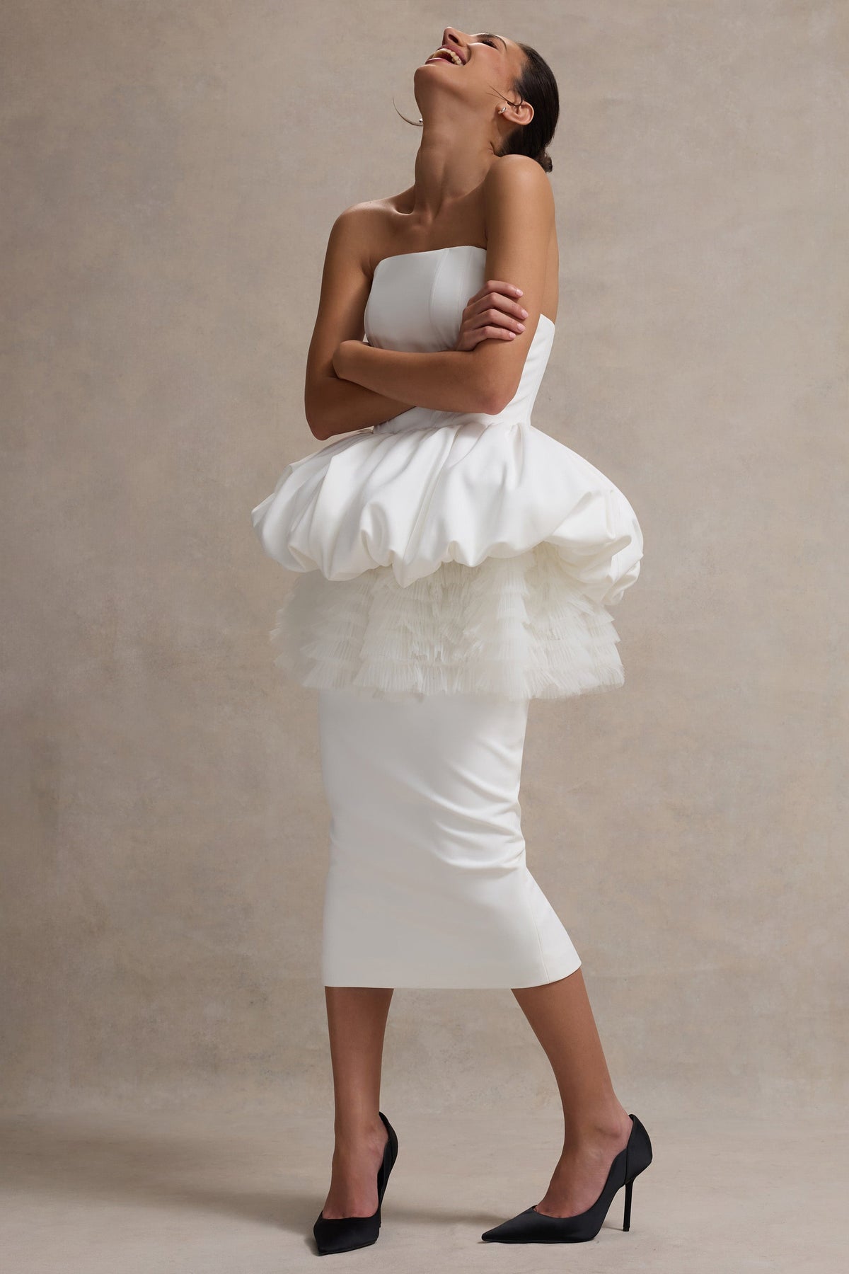 Jones | White Strapless Midi Dress With Tulle Peplum Waist