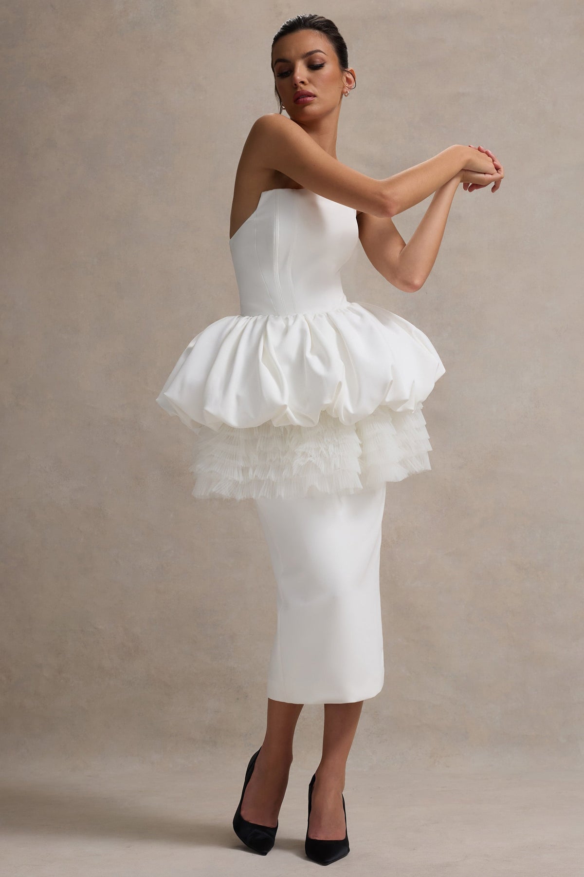 Jones | White Strapless Midi Dress With Tulle Peplum Waist