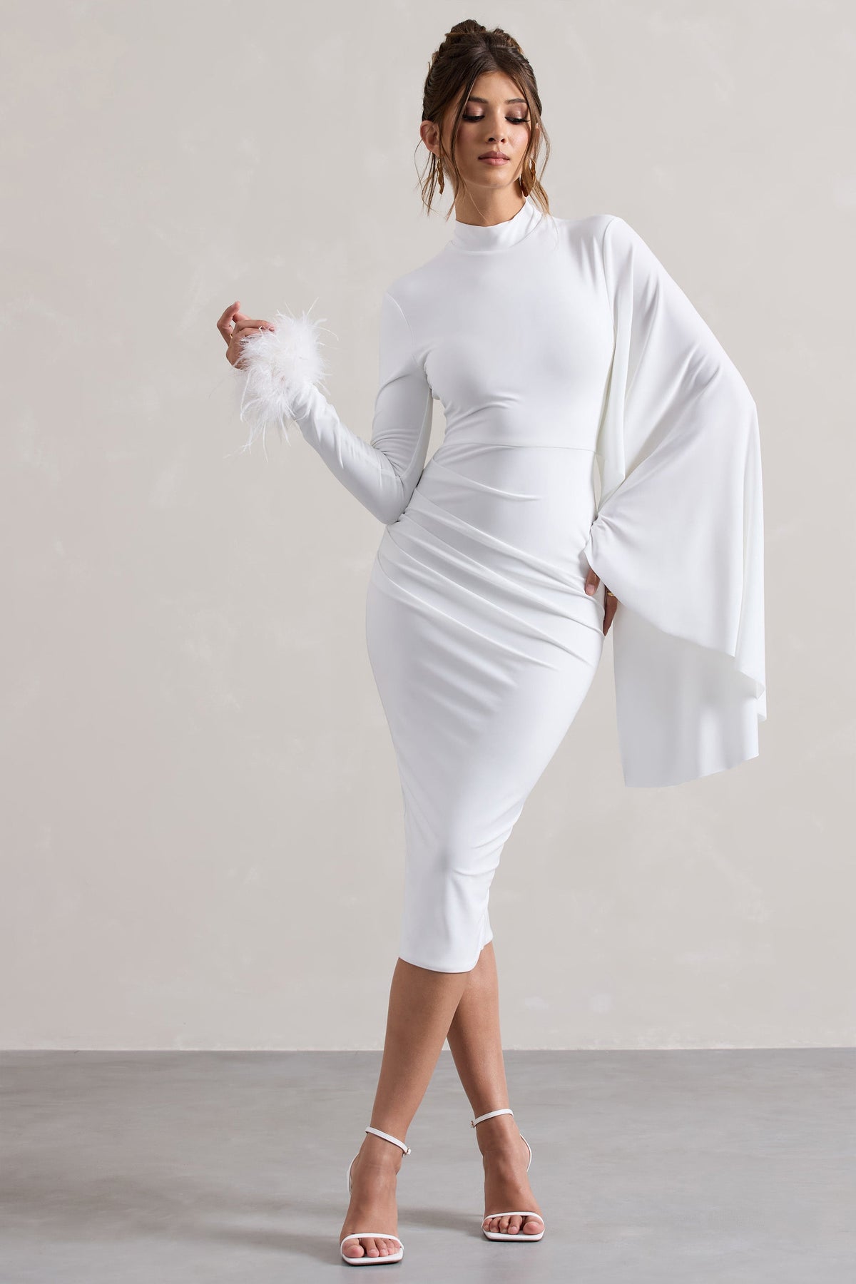 Tamika | White High-Neck Cape-Sleeve Midi Dress With Feathers