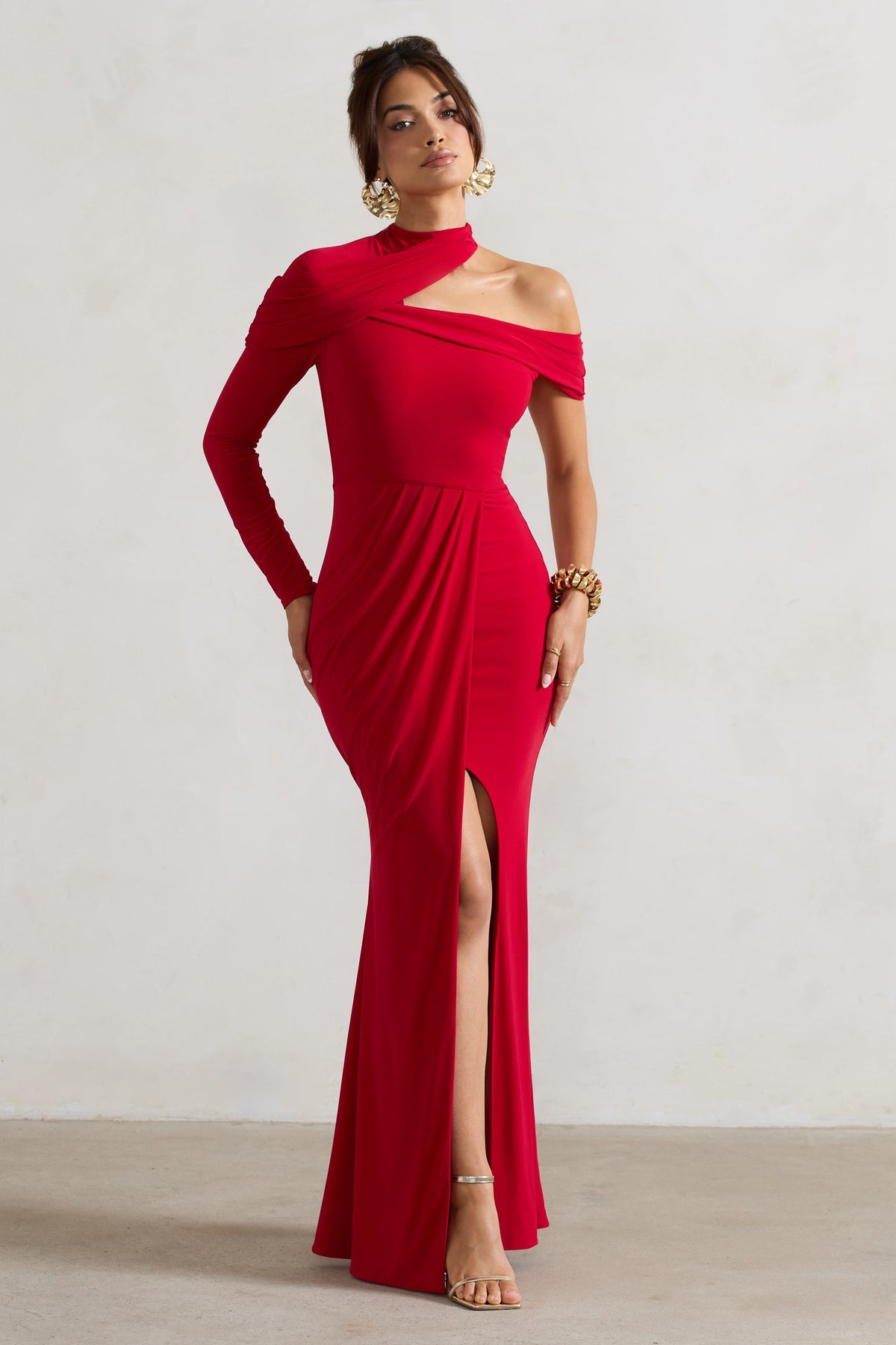 Tyla Red Asymmetric High-Neck Split Maxi Dress Club L London - CA Tyla Red Asymmetric High-Neck Split Maxi Dress Club L London - CA