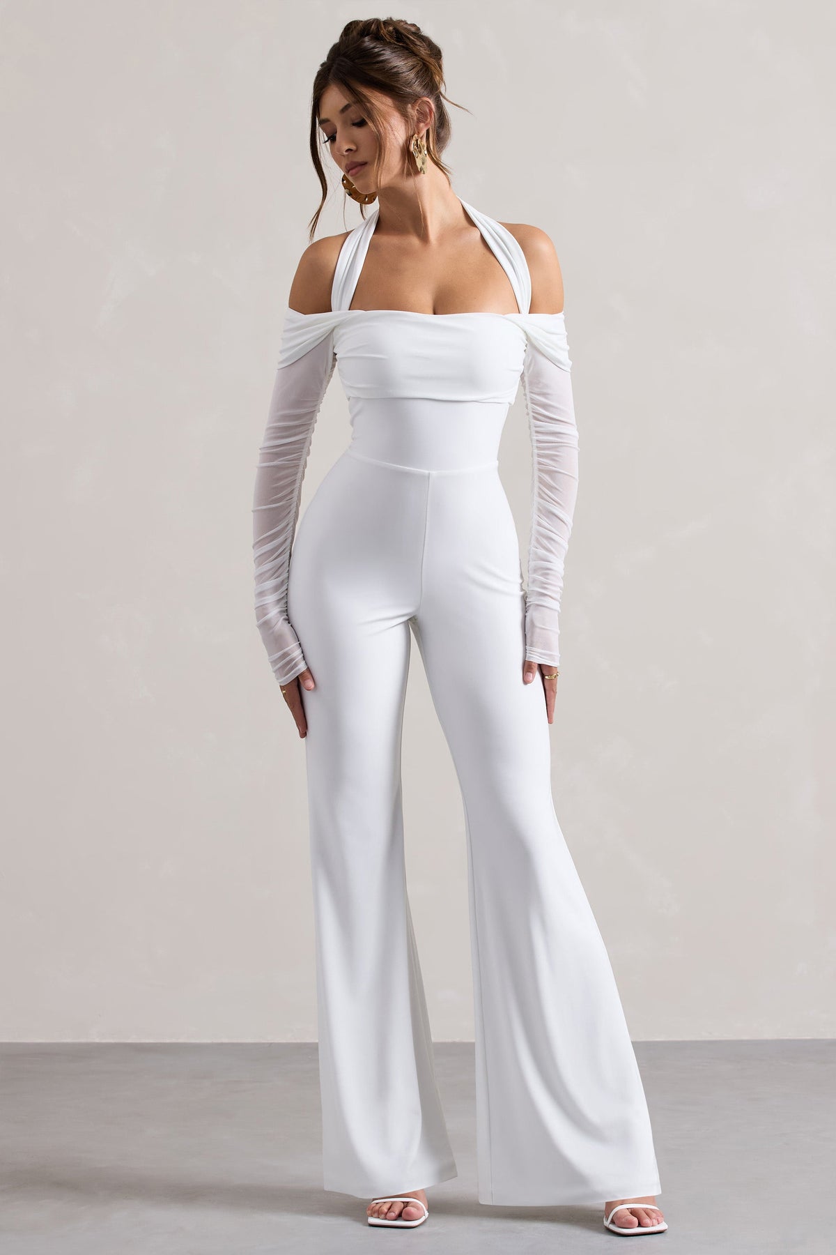 Shannon | White Ruched Halter-Neck Flared-Leg Jumpsuit