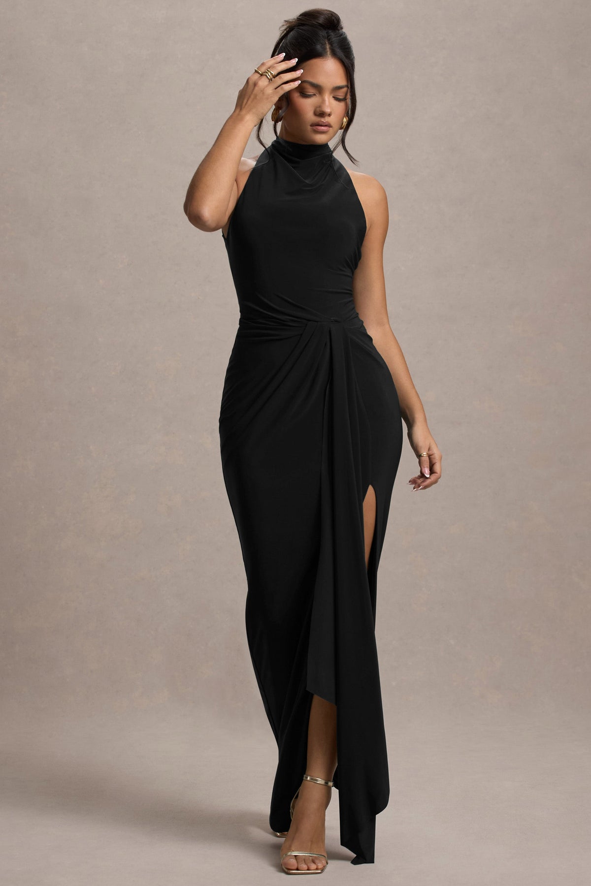 Khari | Black High-Neck Twisted Maxi Dress With Drape